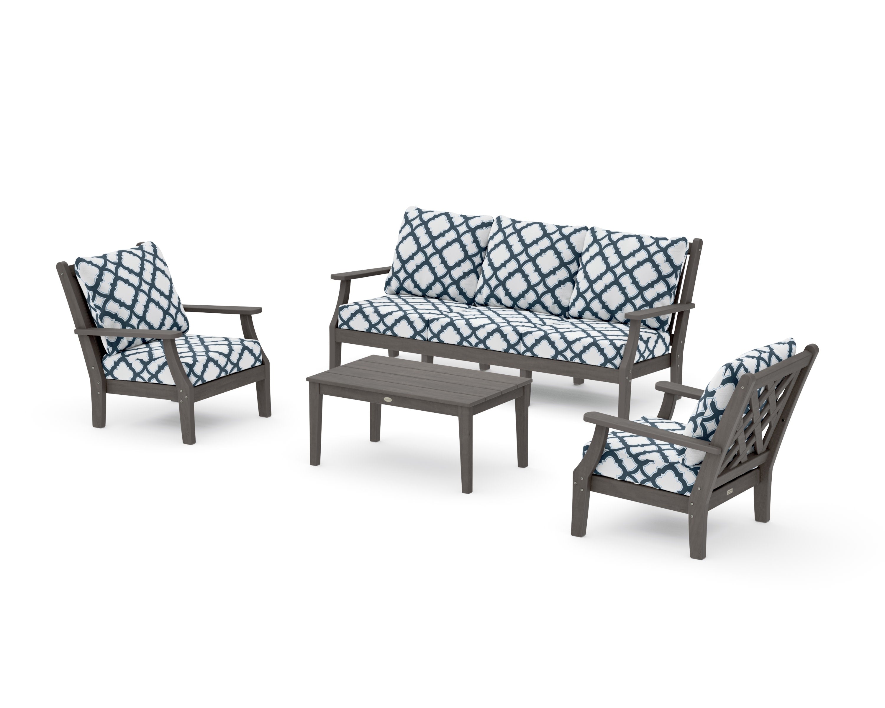 Wovendale 4-Piece Deep Seating Set with Sofa in Driftwood / Trellis Marine Indigo