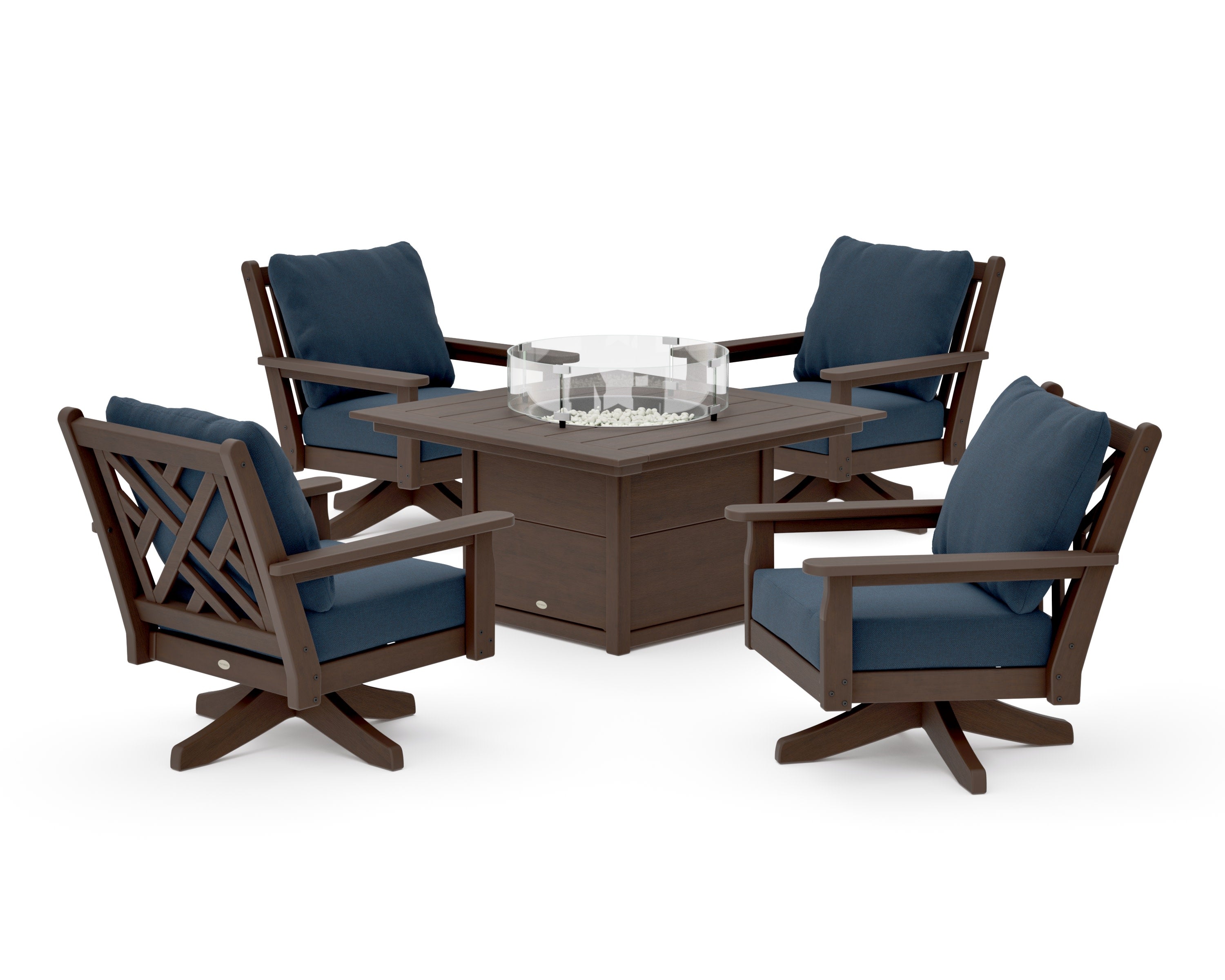 Chippendale 5-Piece Deep Seating Swivel Conversation Set with Fire Pit Table in Kona / Marine Indigo