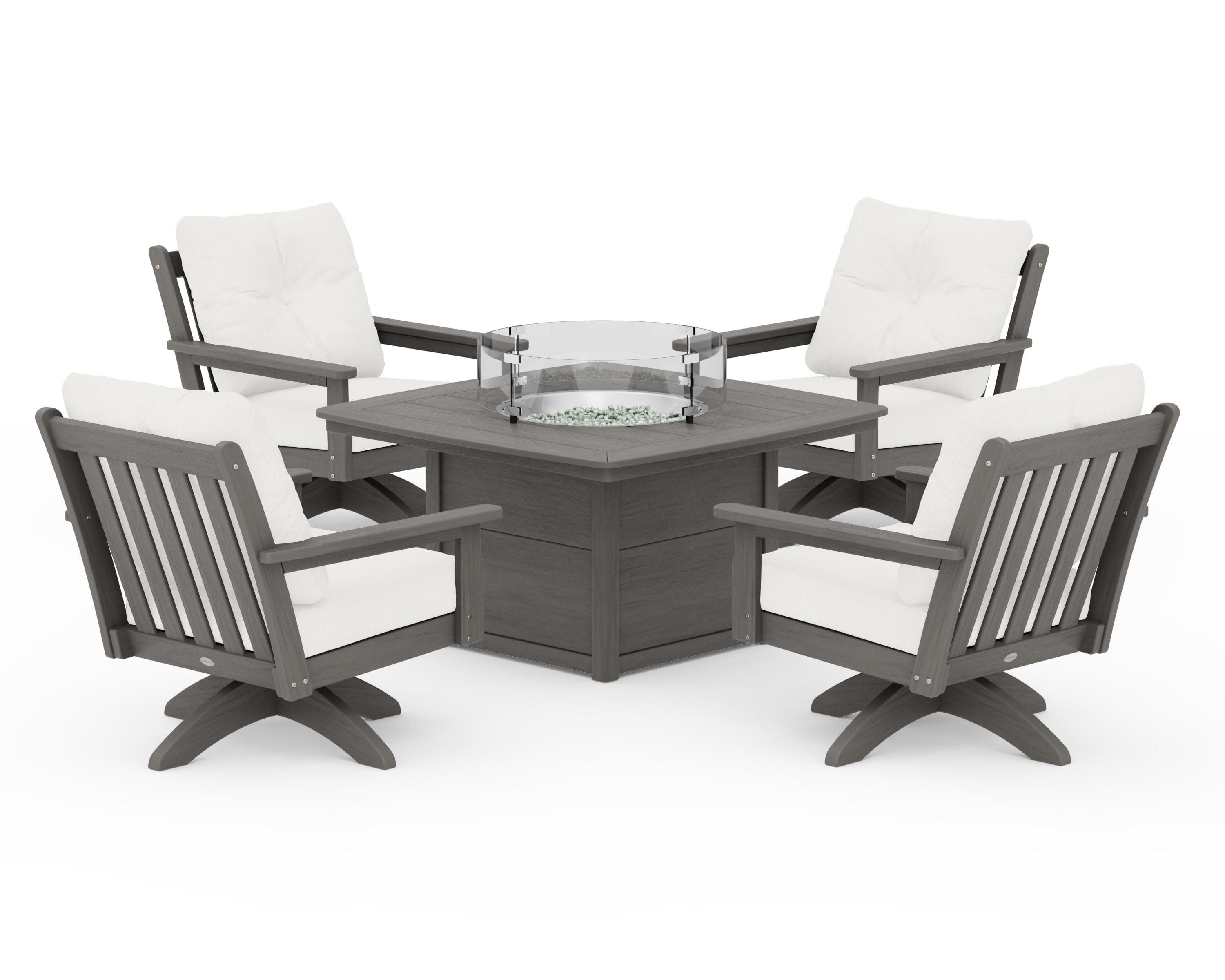 Vineyard 5-Piece Deep Seating Swivel Conversation Set with Fire Pit Table in Driftwood / Natural Linen