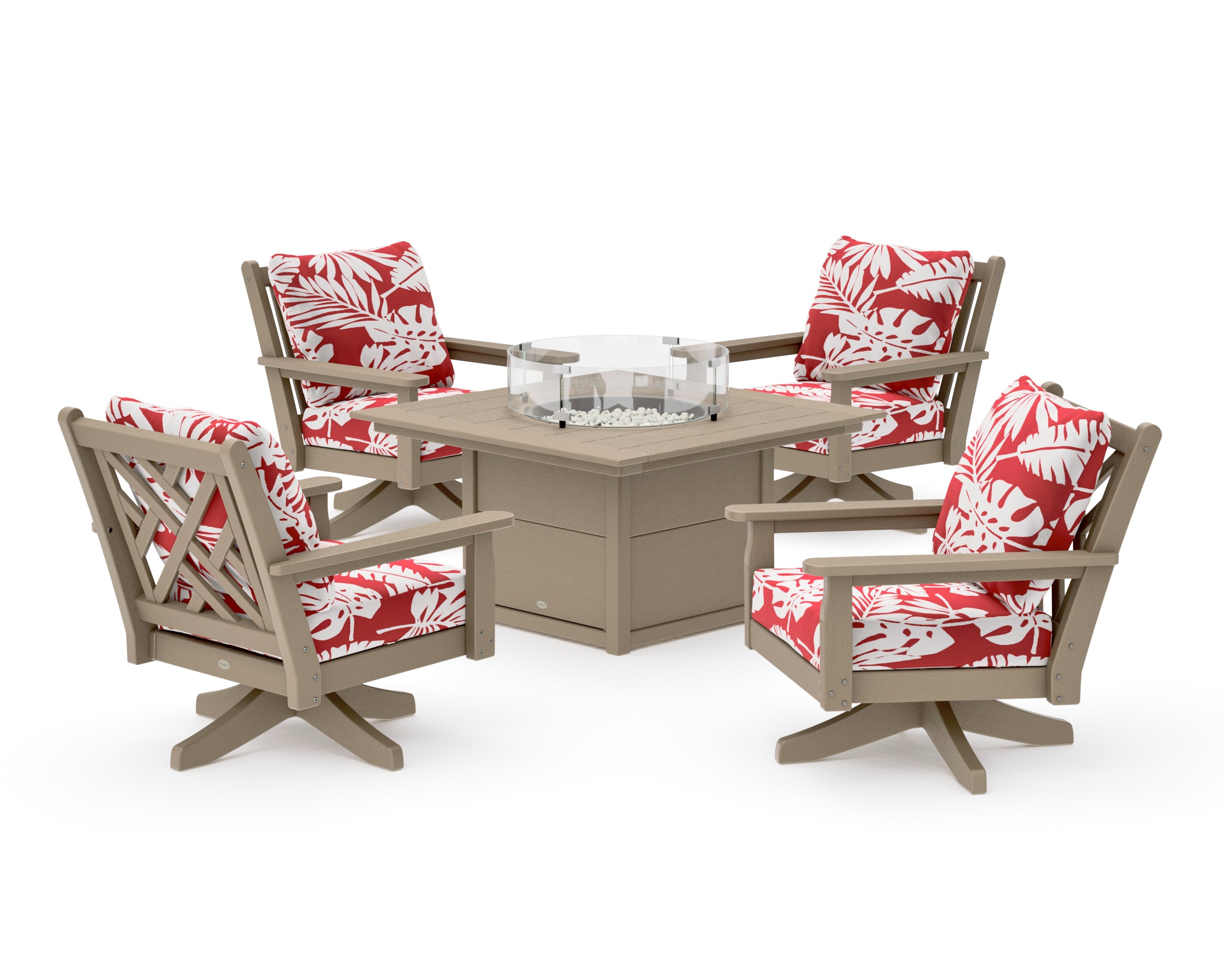 Chippendale 5-Piece Deep Seating Swivel Conversation Set with Fire Pit Table in Vintage Sahara / Leaf Crimson