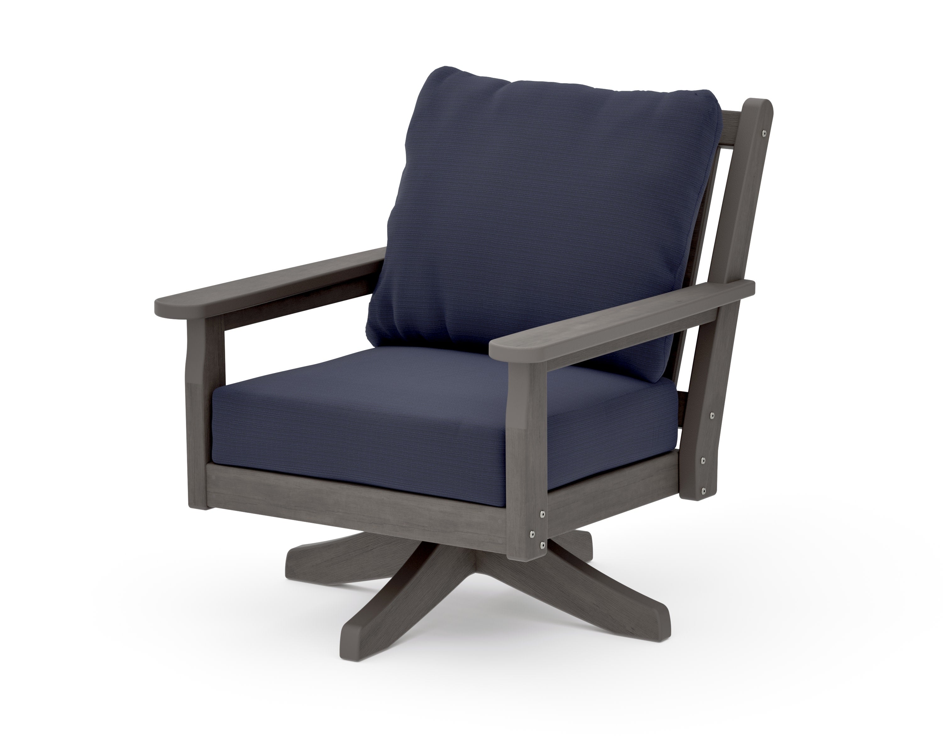Chippendale Deep Seating Swivel Chair in Driftwood / Navy Linen