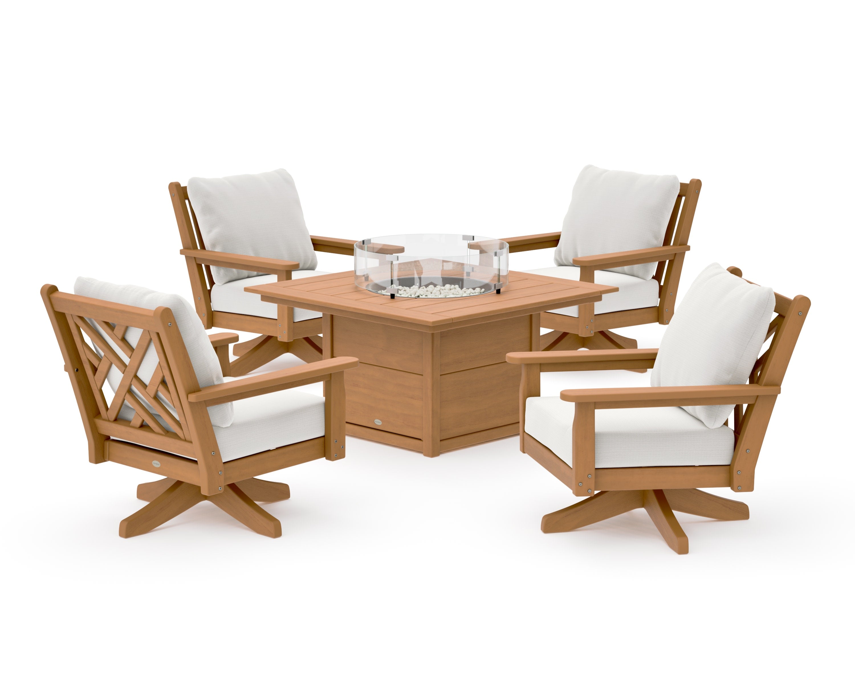 Chippendale 5-Piece Deep Seating Swivel Conversation Set with Fire Pit Table in Natural / Natural Linen