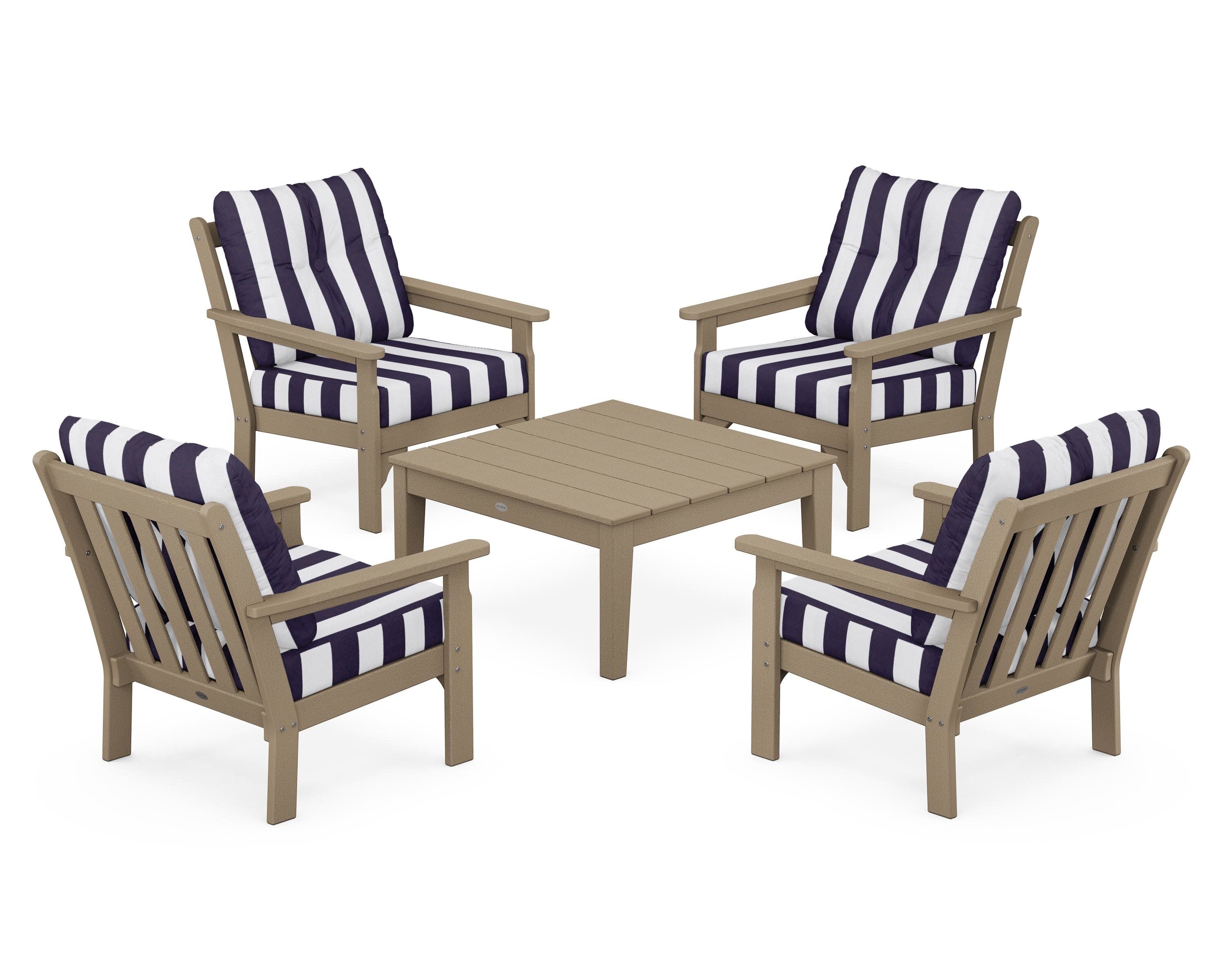 Vineyard 5-Piece Deep Seating Conversation Set in Vintage Sahara / Cabana Stripe Navy