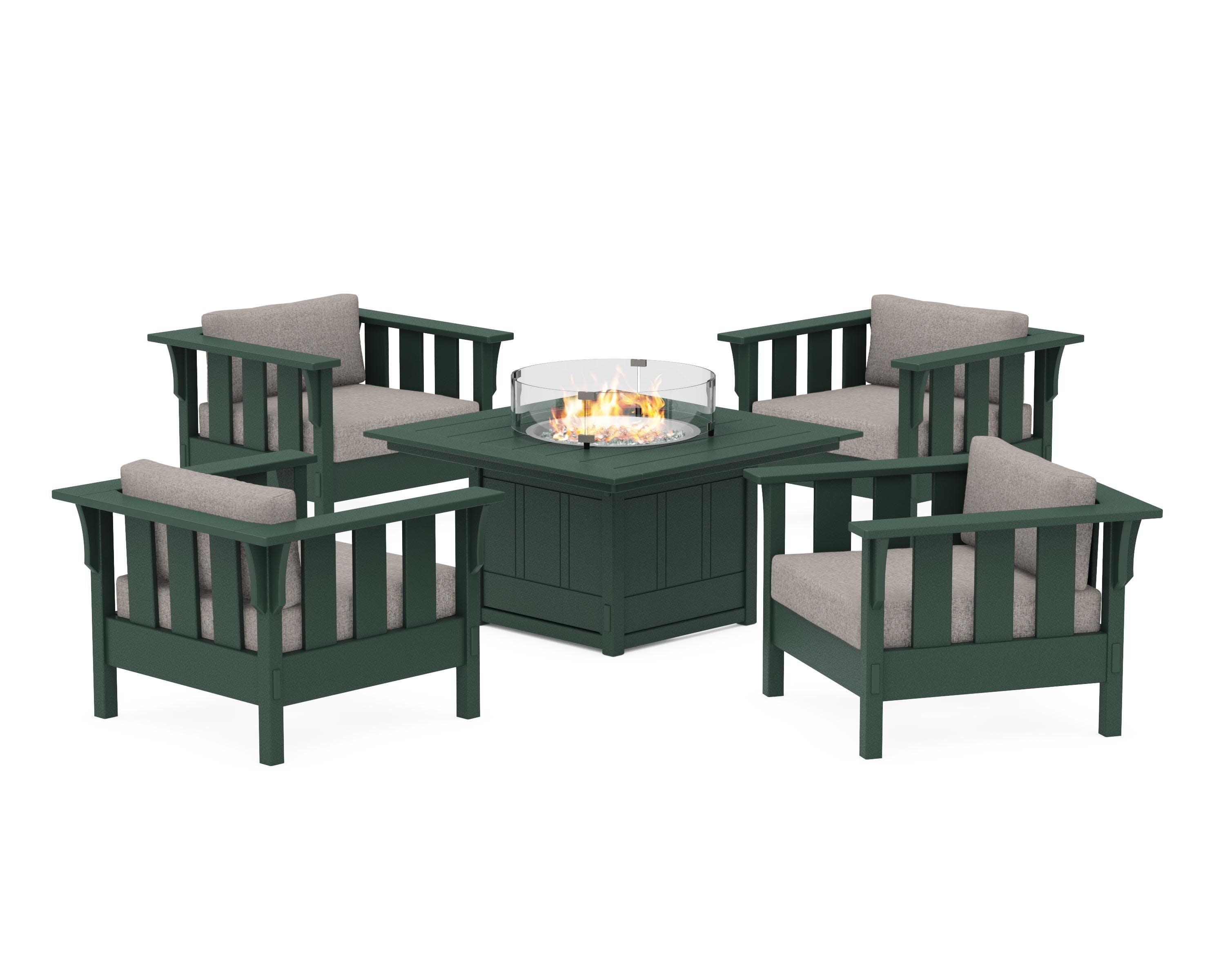 Acadia 5-Piece Deep Seating Set with Fire Pit Table in Green / Weathered Tweed