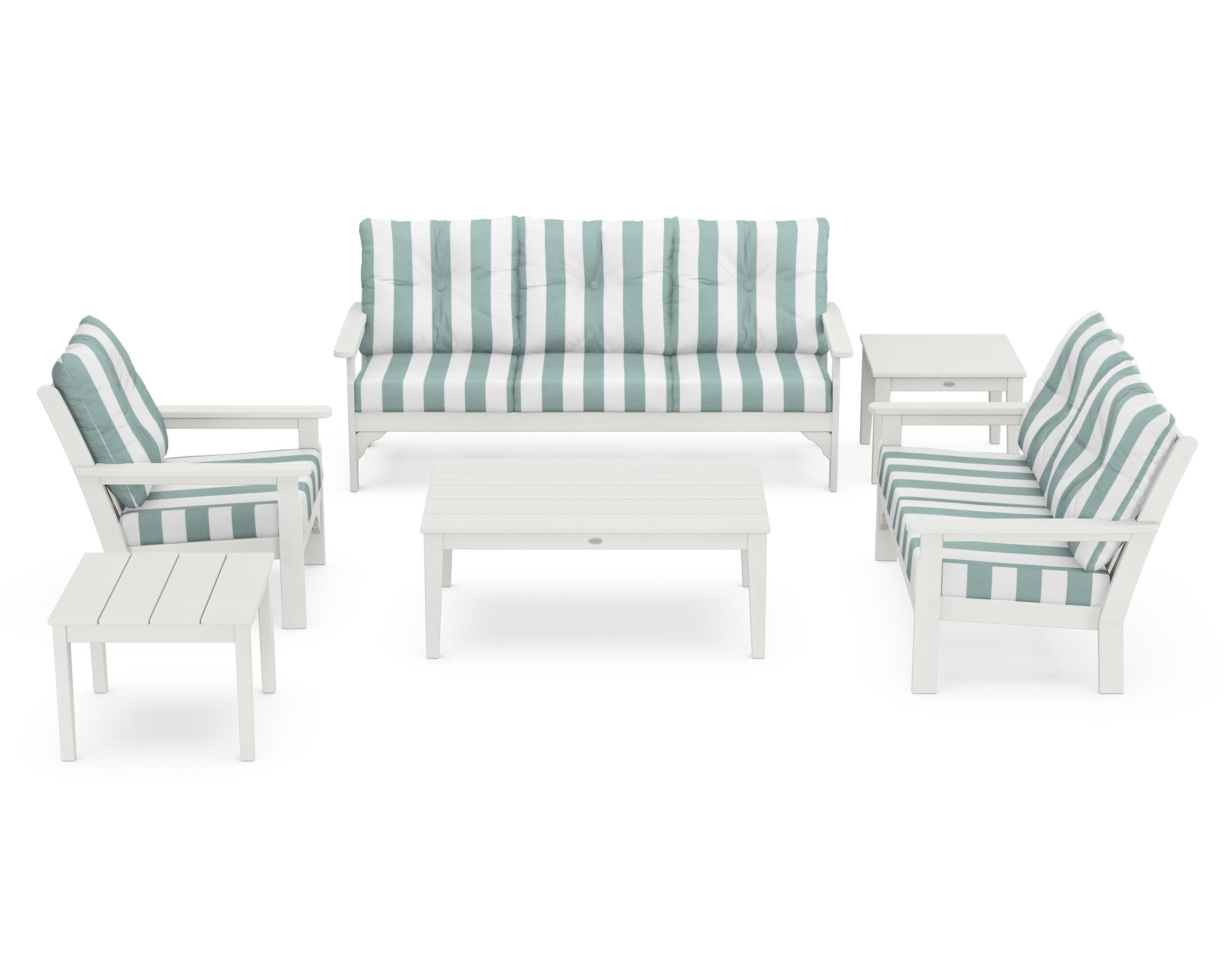 Vineyard 6-Piece Deep Seating Set in Vintage White / Cabana Stripe Glacier Spa