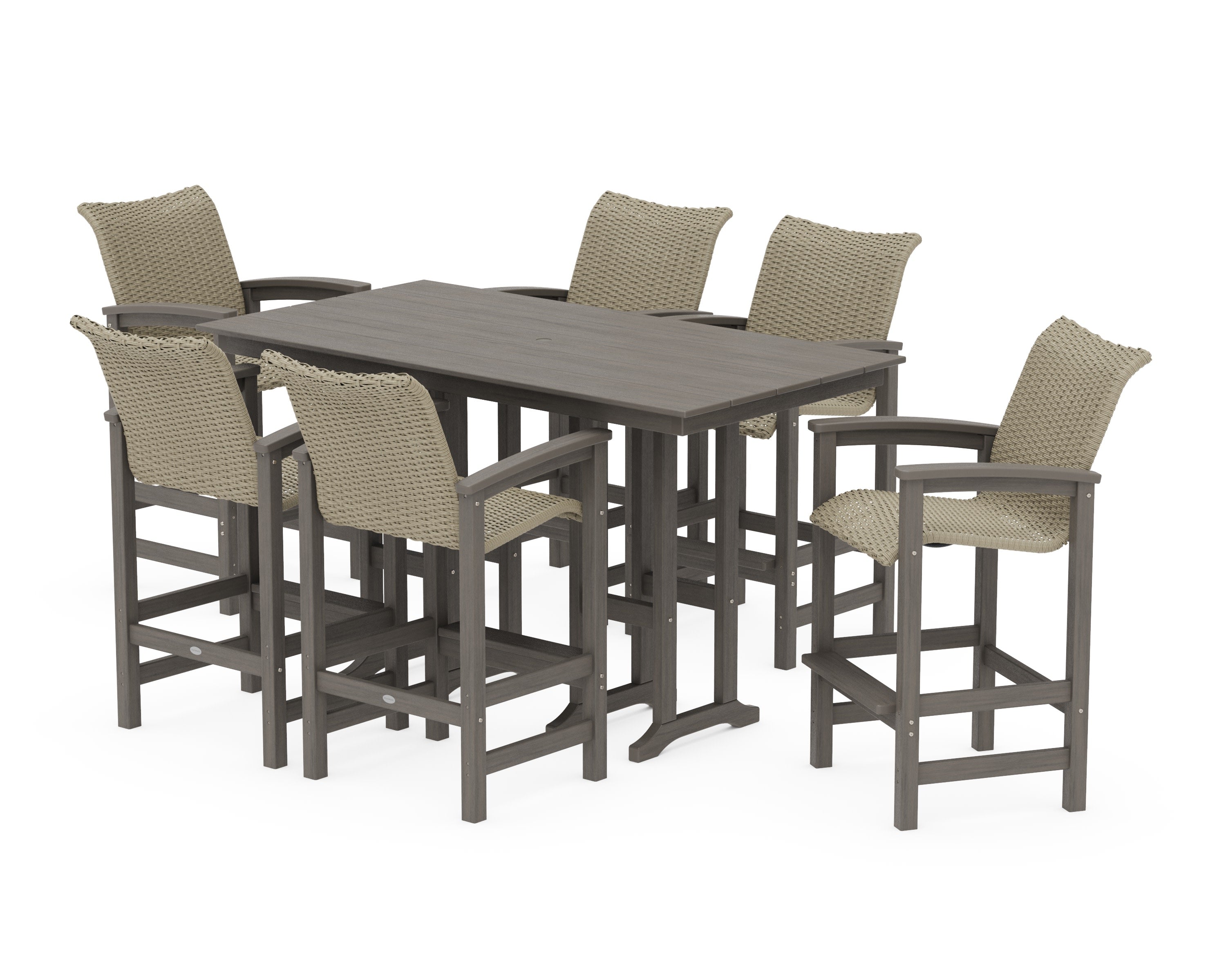 Coastal Woven Arm Chair 7-Piece Farmhouse Bar Set in Driftwood / Dune Grass