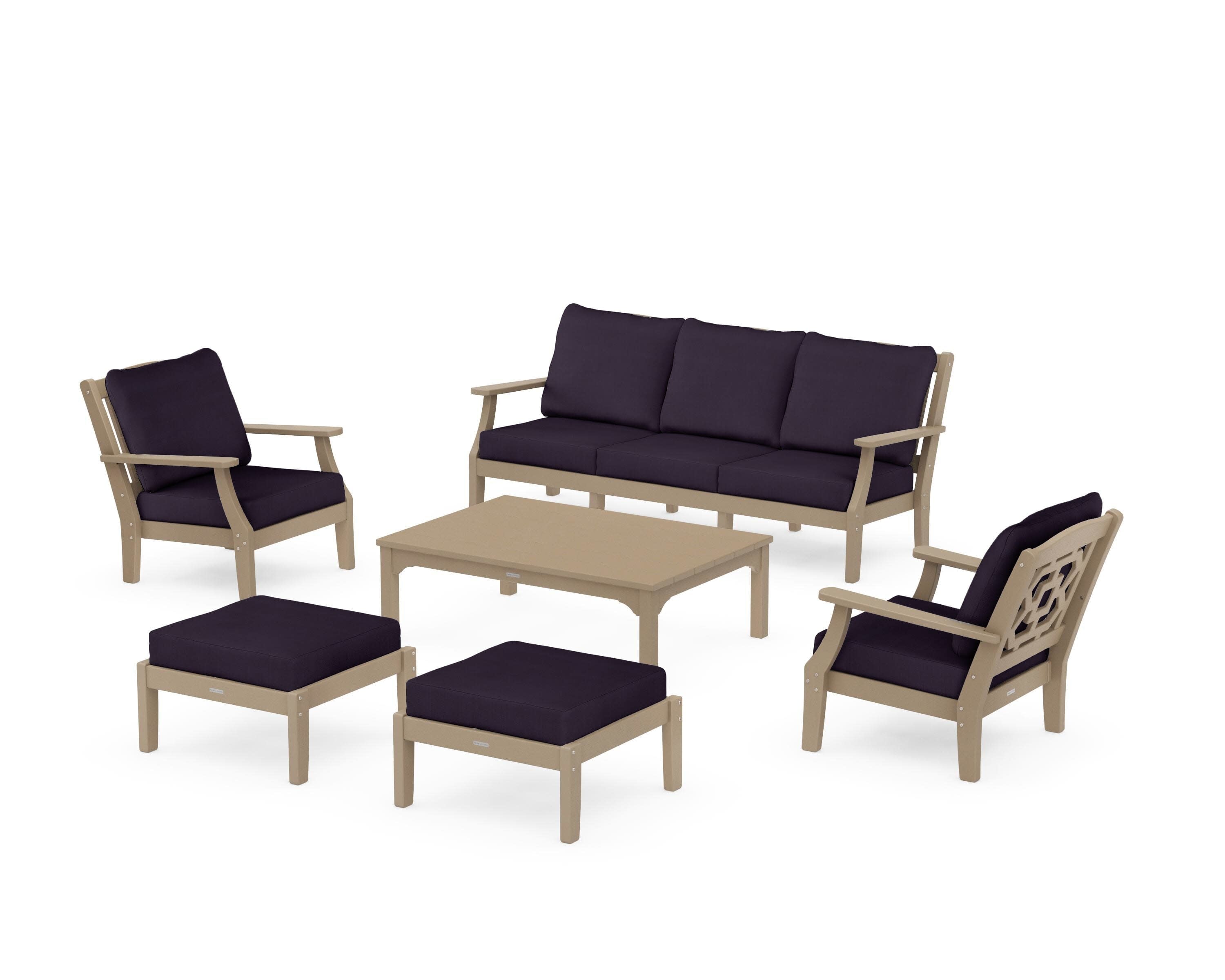 Chinoiserie 6-Piece Lounge Sofa Set in Vintage Sahara / Navy Linen