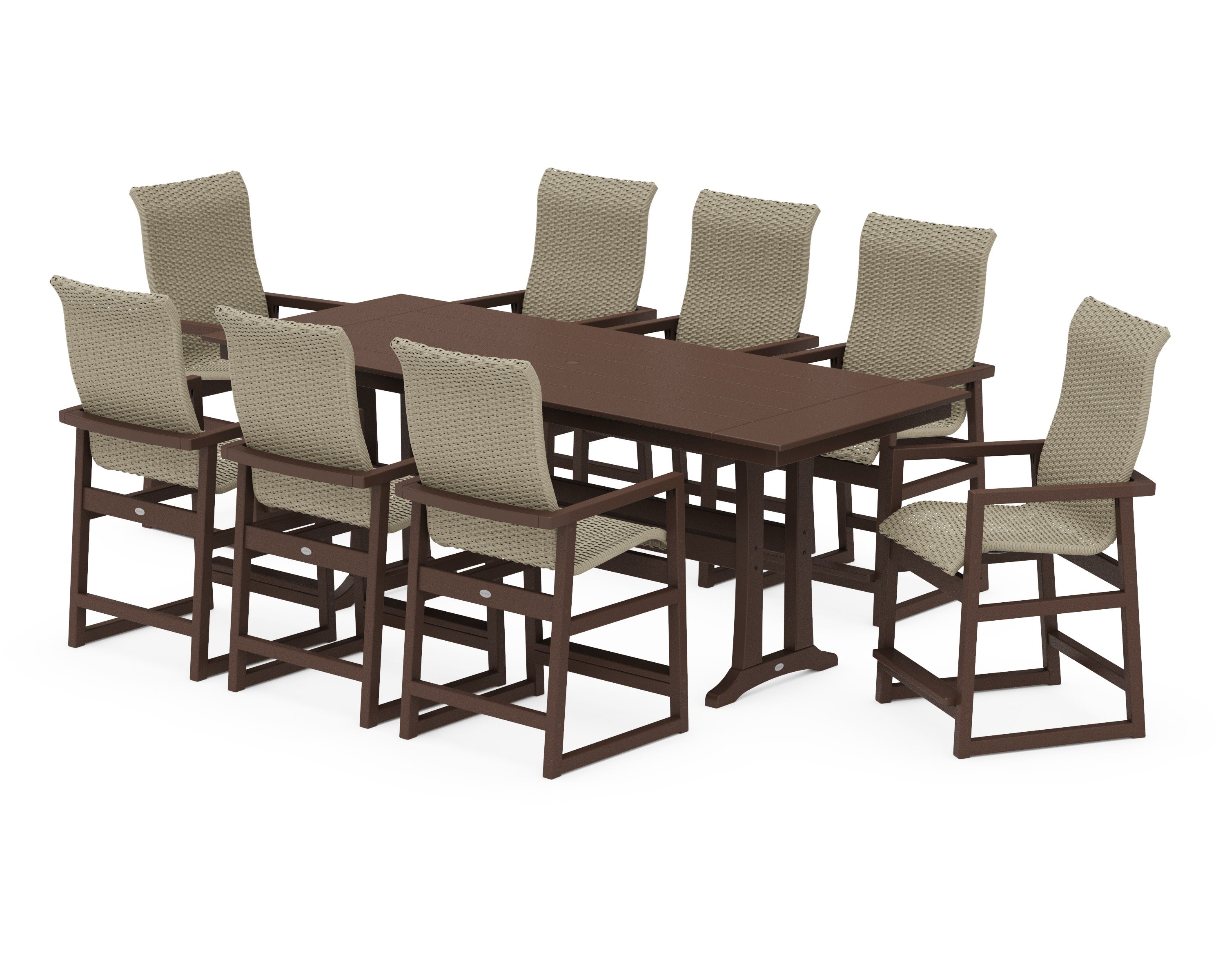 EDGE Woven Highback 9-Piece Farmhouse Counter Set with Trestle Legs in Mahogany / Dune Grass