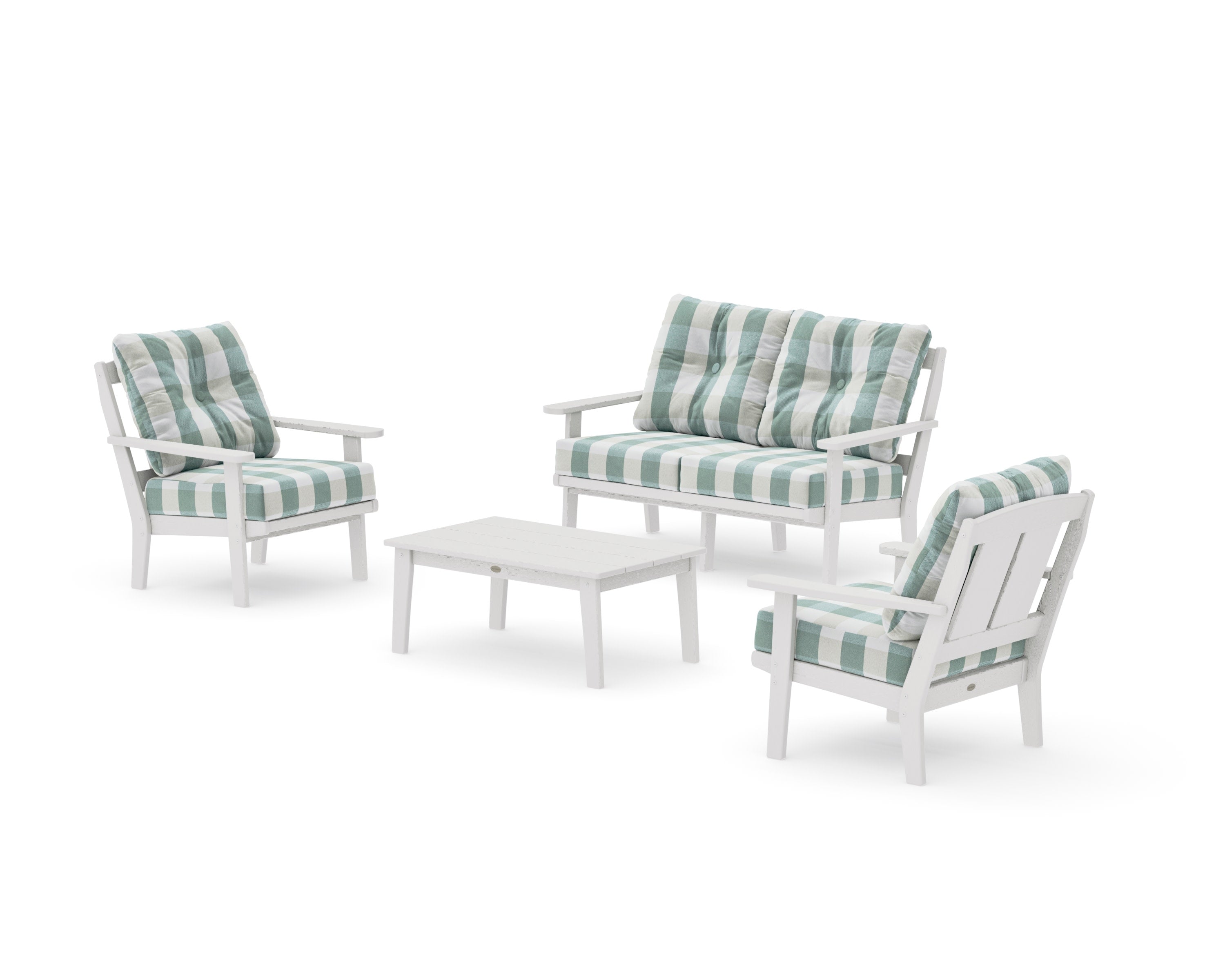 Mission 4-Piece Deep Seating Set with Loveseat in Vintage White / Buffalo Plaid Glacier Spa