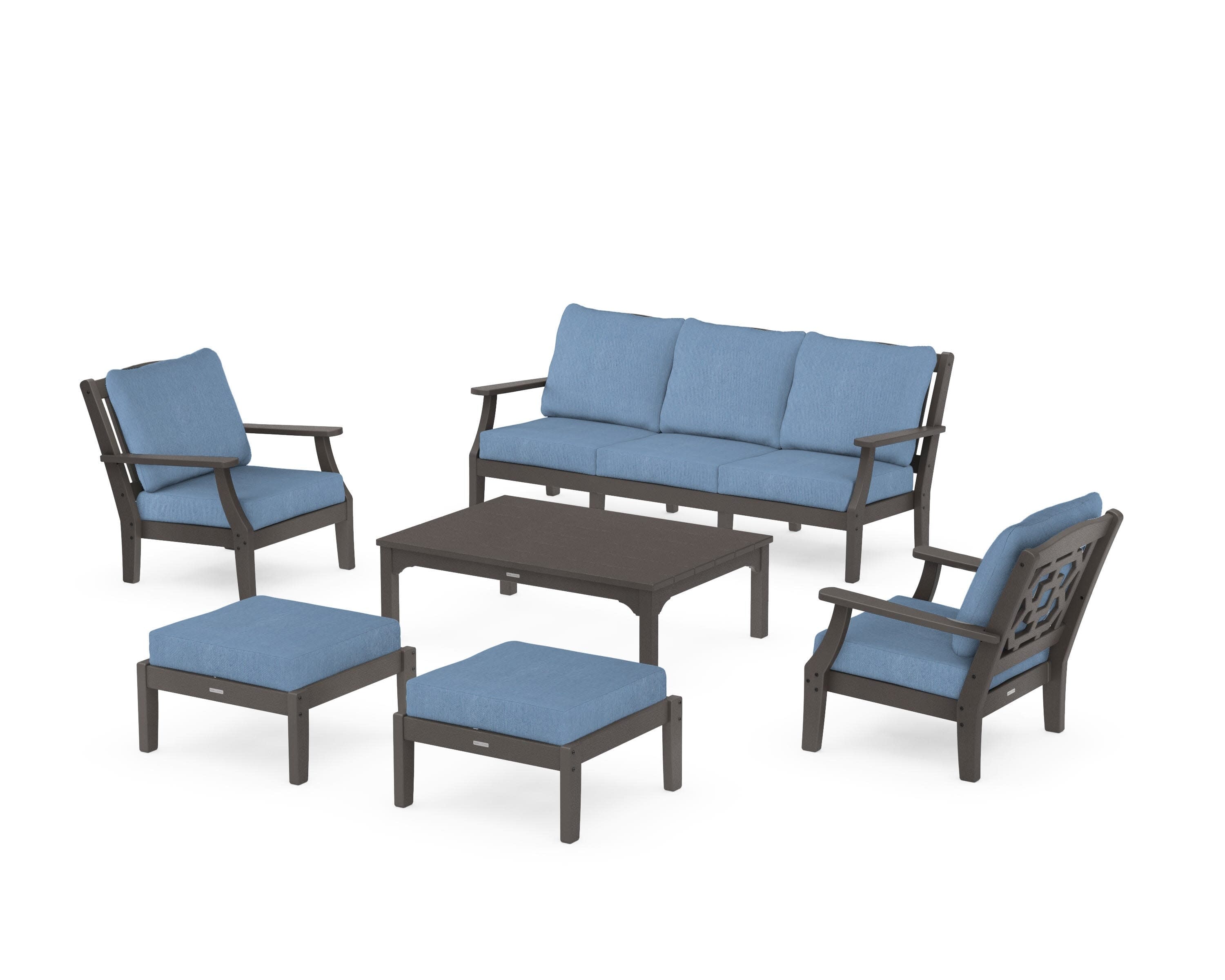 Chinoiserie 6-Piece Lounge Sofa Set in Vintage Coffee / Sky Blue