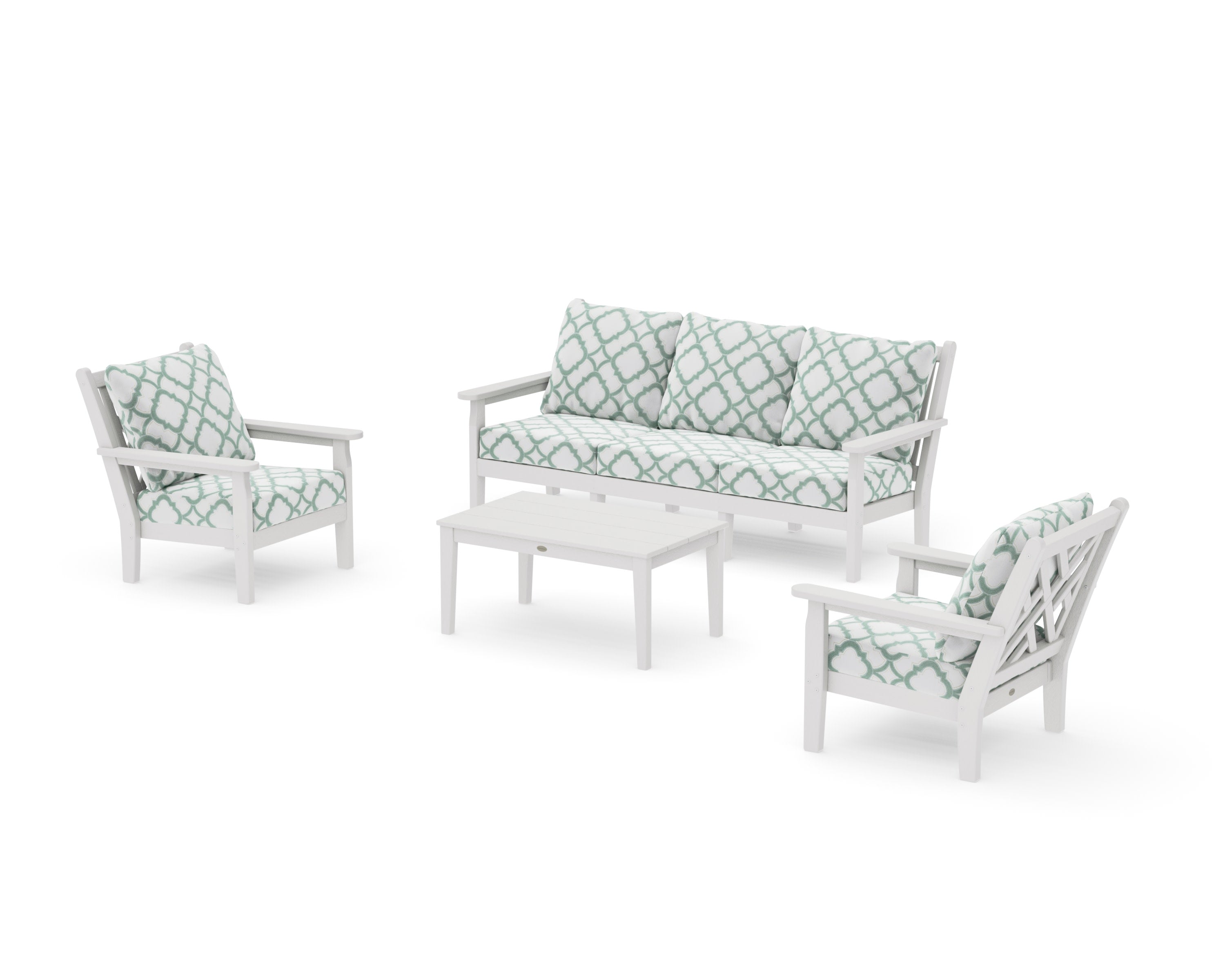Chippendale 4-Piece Deep Seating Set with Sofa in Vintage White / Trellis Glacier Spa