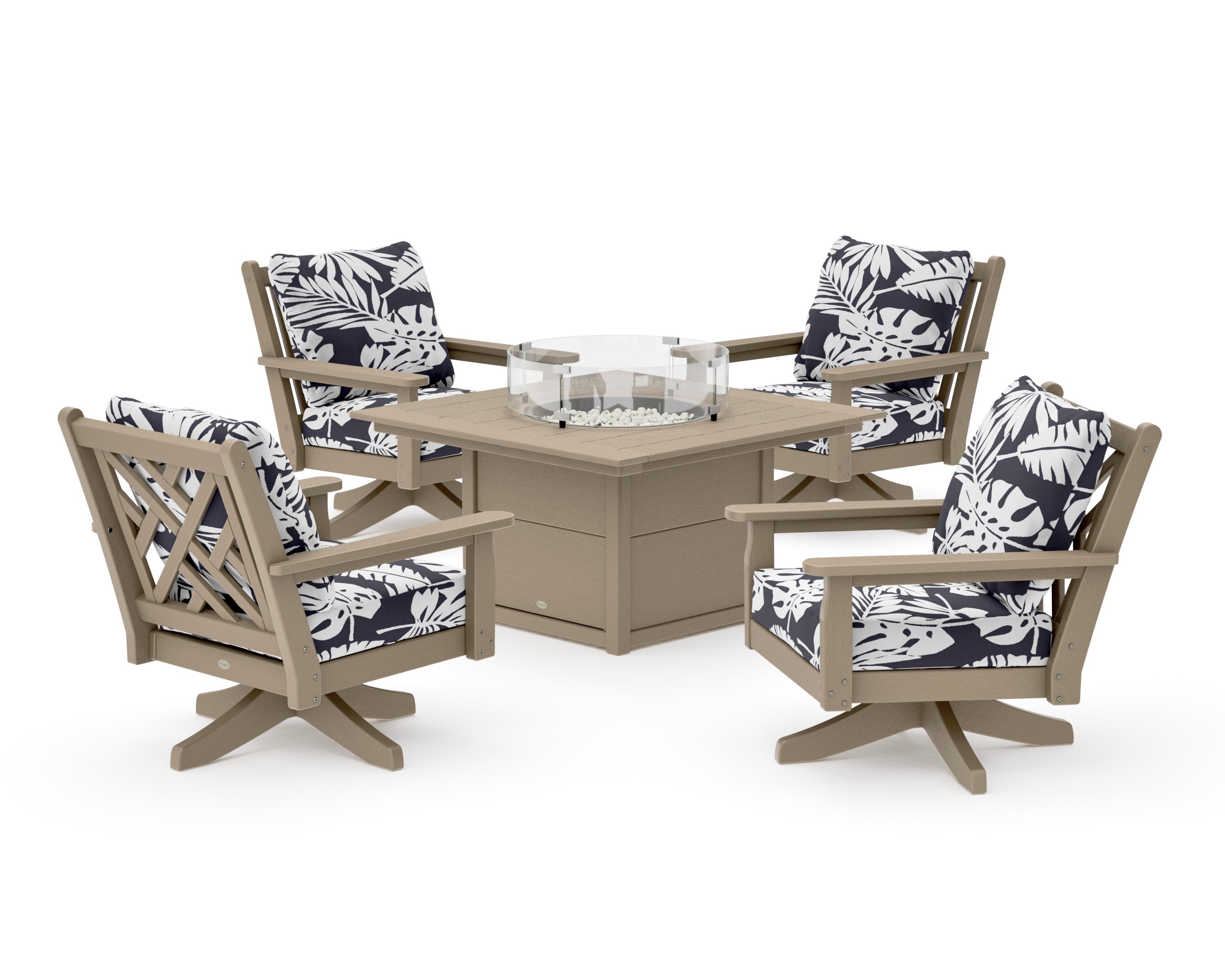 Chippendale 5-Piece Deep Seating Swivel Conversation Set with Fire Pit Table in Vintage Sahara / Leaf Navy