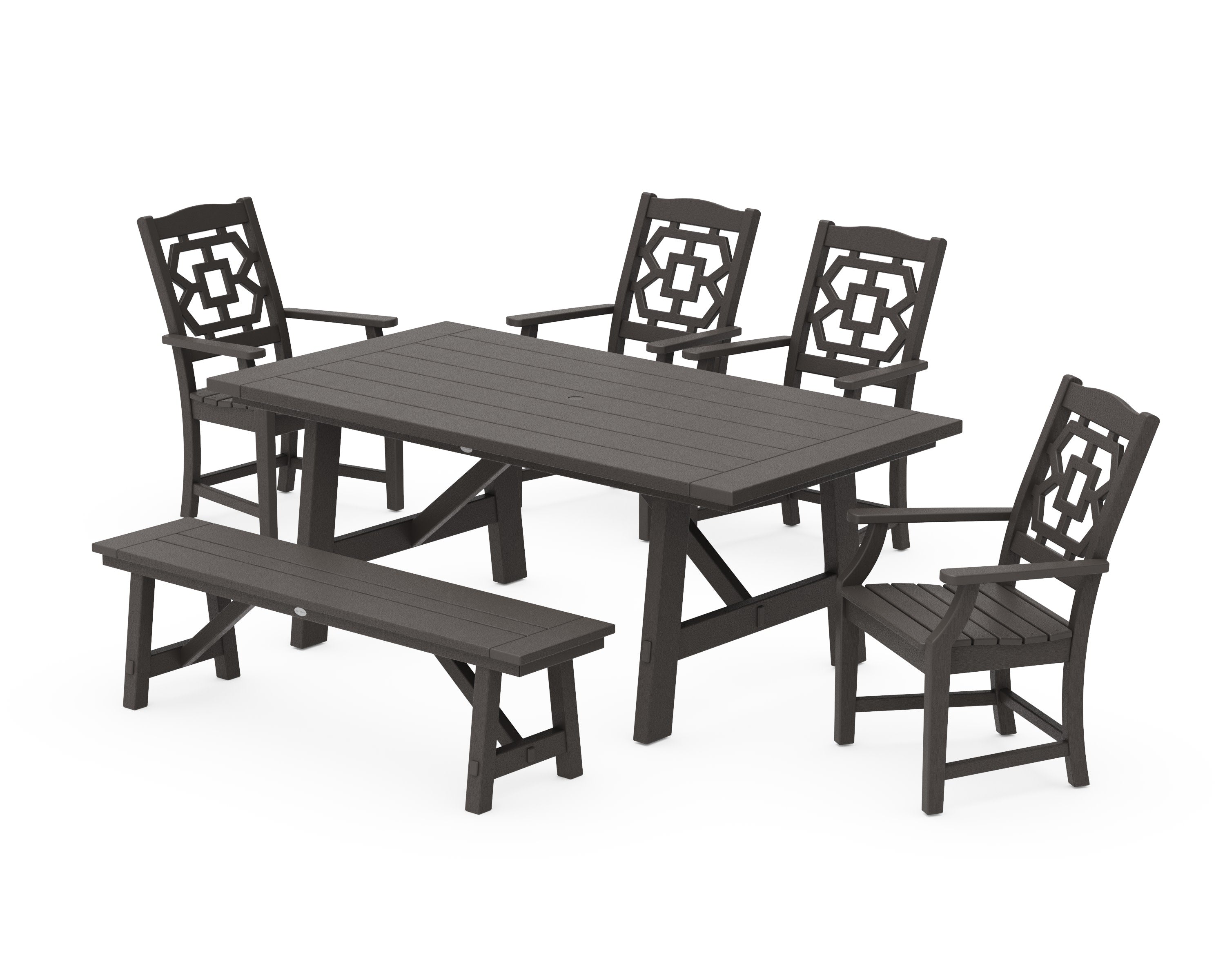 Chinoiserie 6-Piece Rustic Farmhouse Dining Set with Bench in Vintage Coffee