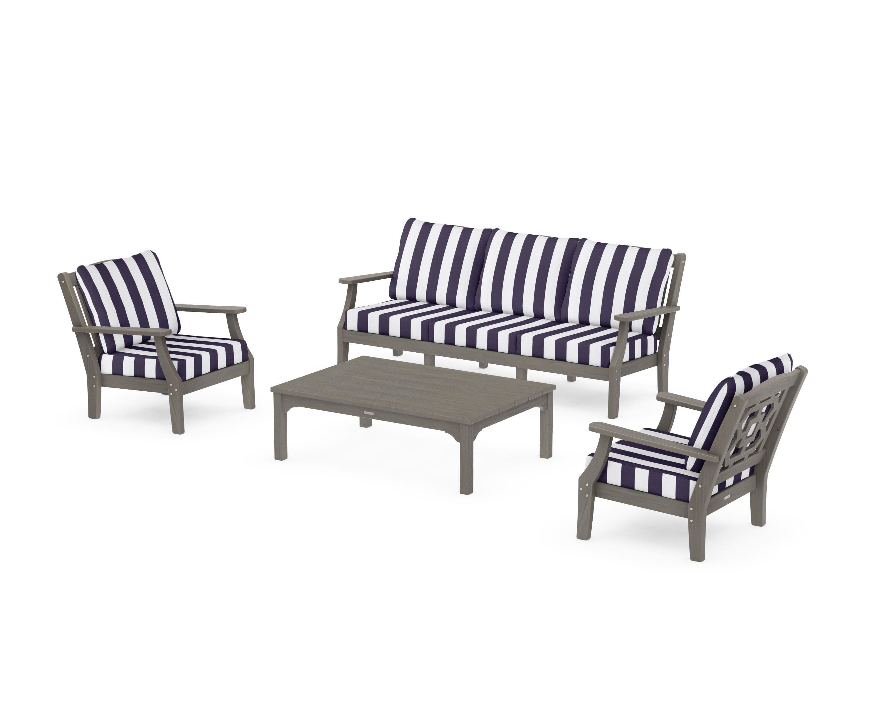 Chinoiserie 4-Piece Deep Seating Set with Sofa in Driftwood / Cabana Stripe Navy