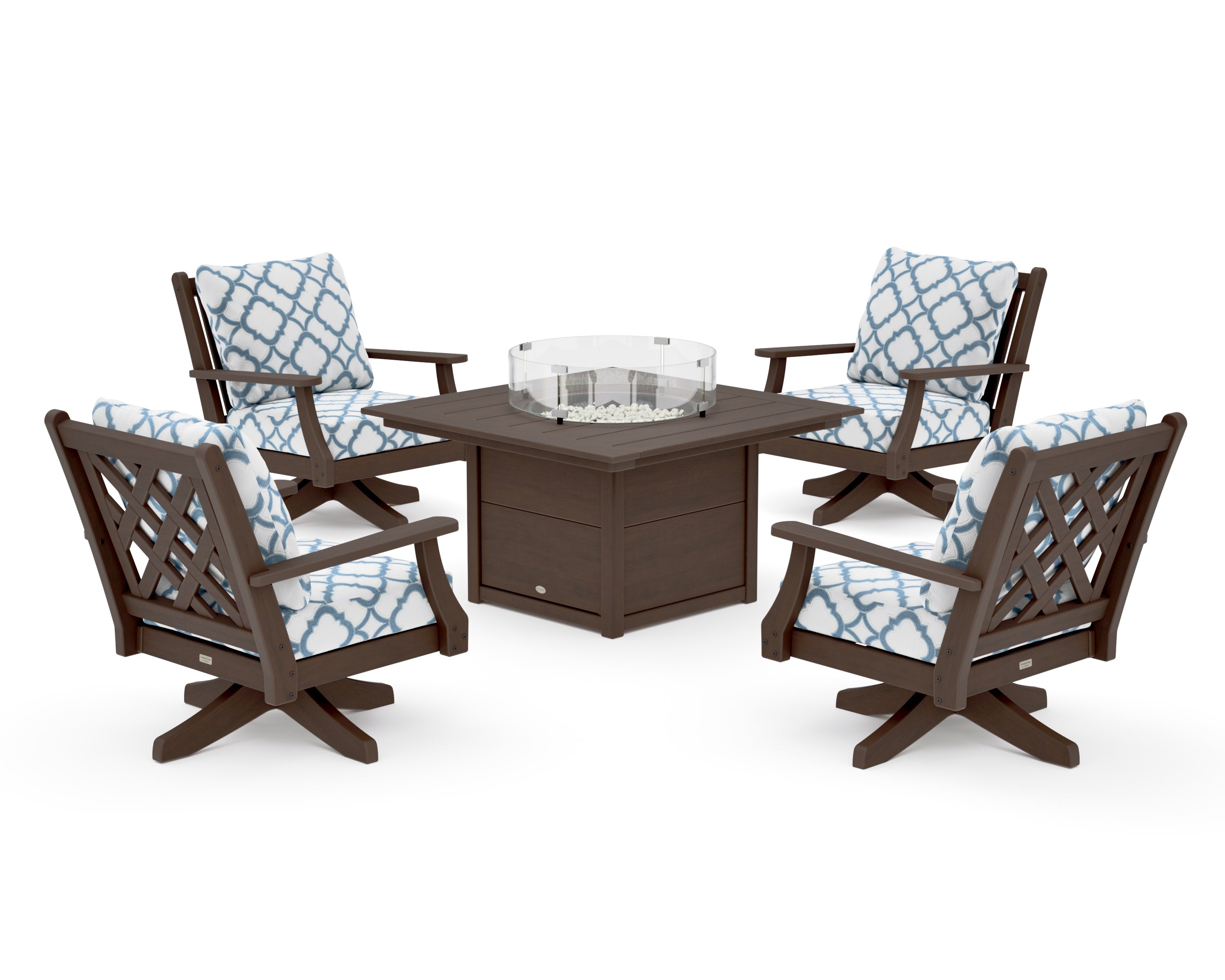 Wovendale 5-Piece Deep Seating Swivel Conversation Set with Fire Pit Table in Kona / Trellis Sky Blue