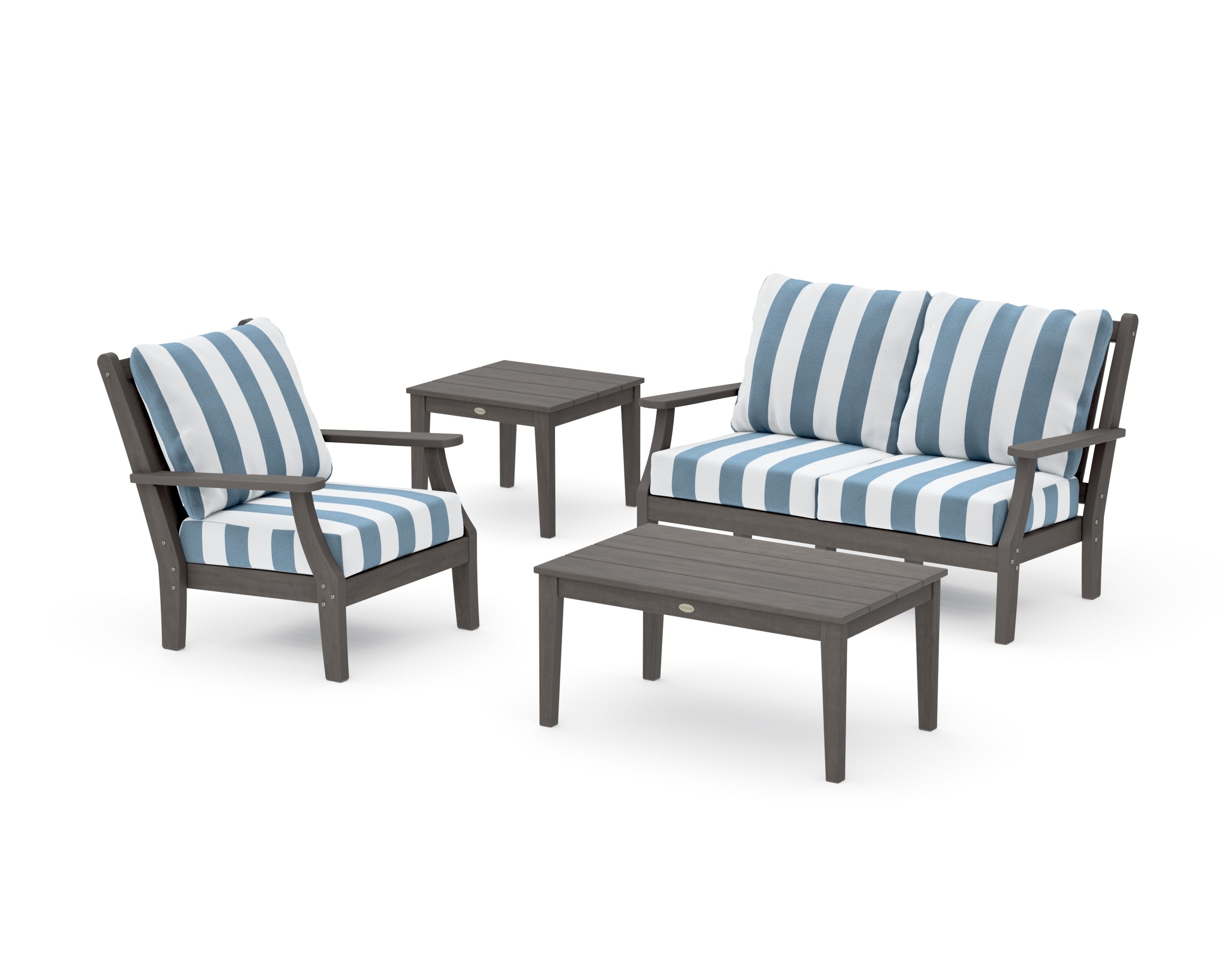 Wovendale 4-Piece Deep Seating Set in Driftwood / Cabana Stripe Sky Blue