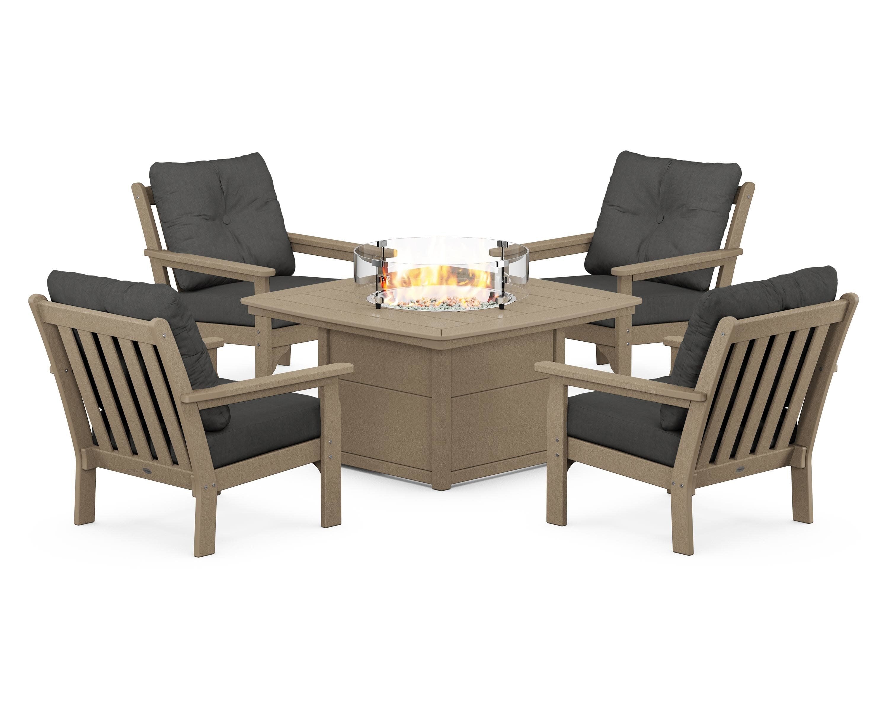 Vineyard 5-Piece Conversation Set with Fire Pit Table in Vintage Sahara / Spectrum Carbon