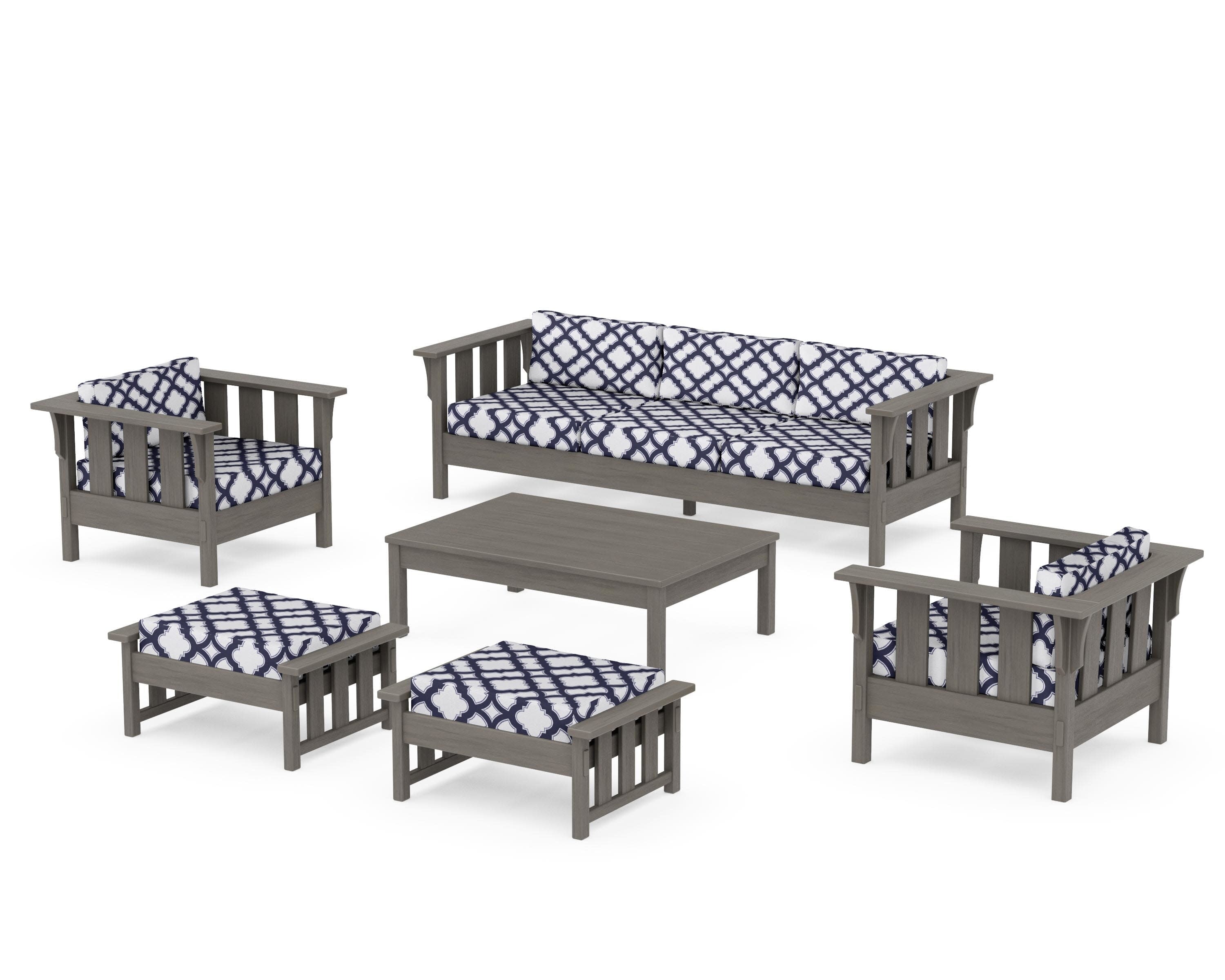 Acadia 6-Piece Lounge Sofa Set in Driftwood / Trellis Navy