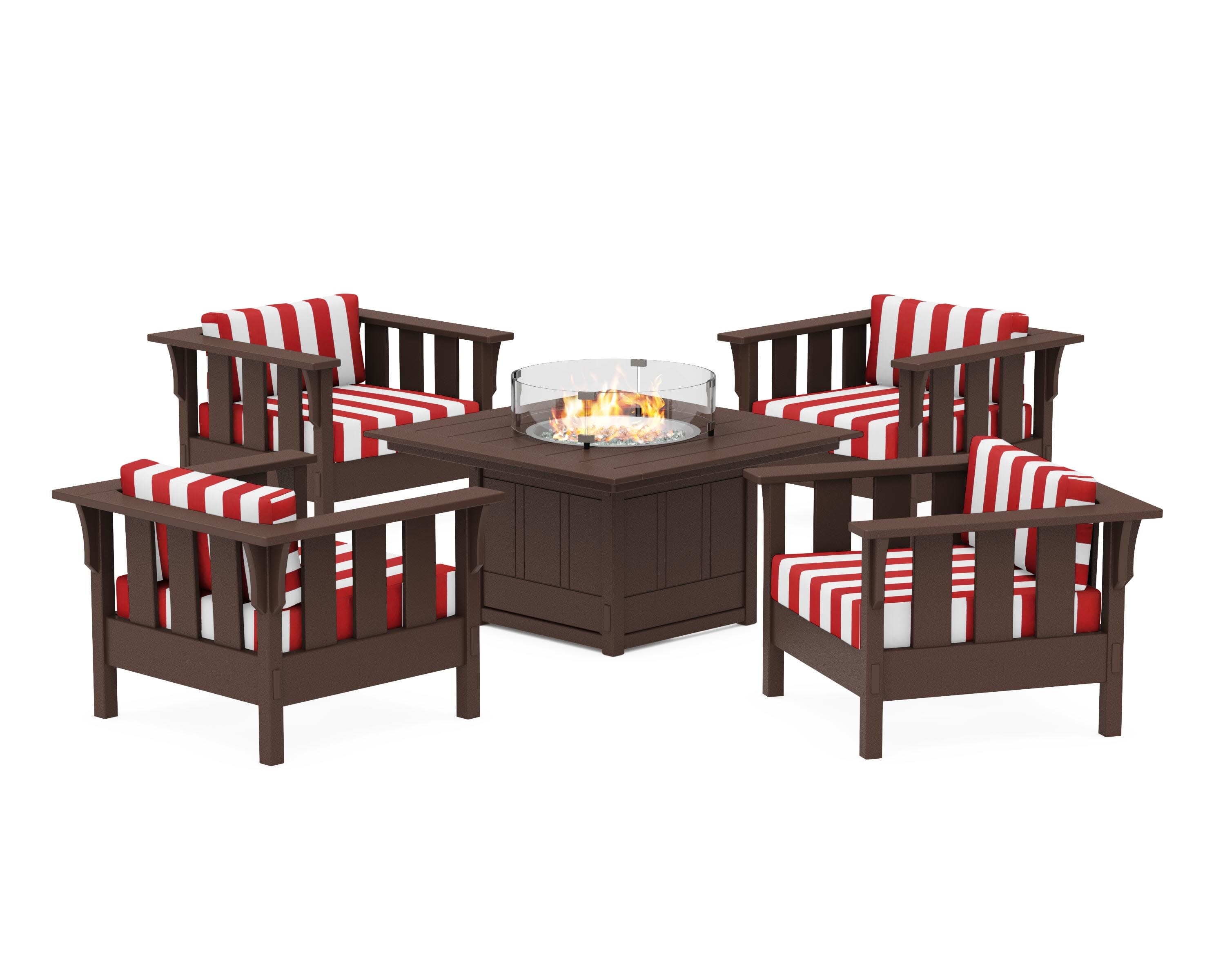 Acadia 5-Piece Deep Seating Set with Fire Pit Table in Mahogany / Cabana Stripe Crimson