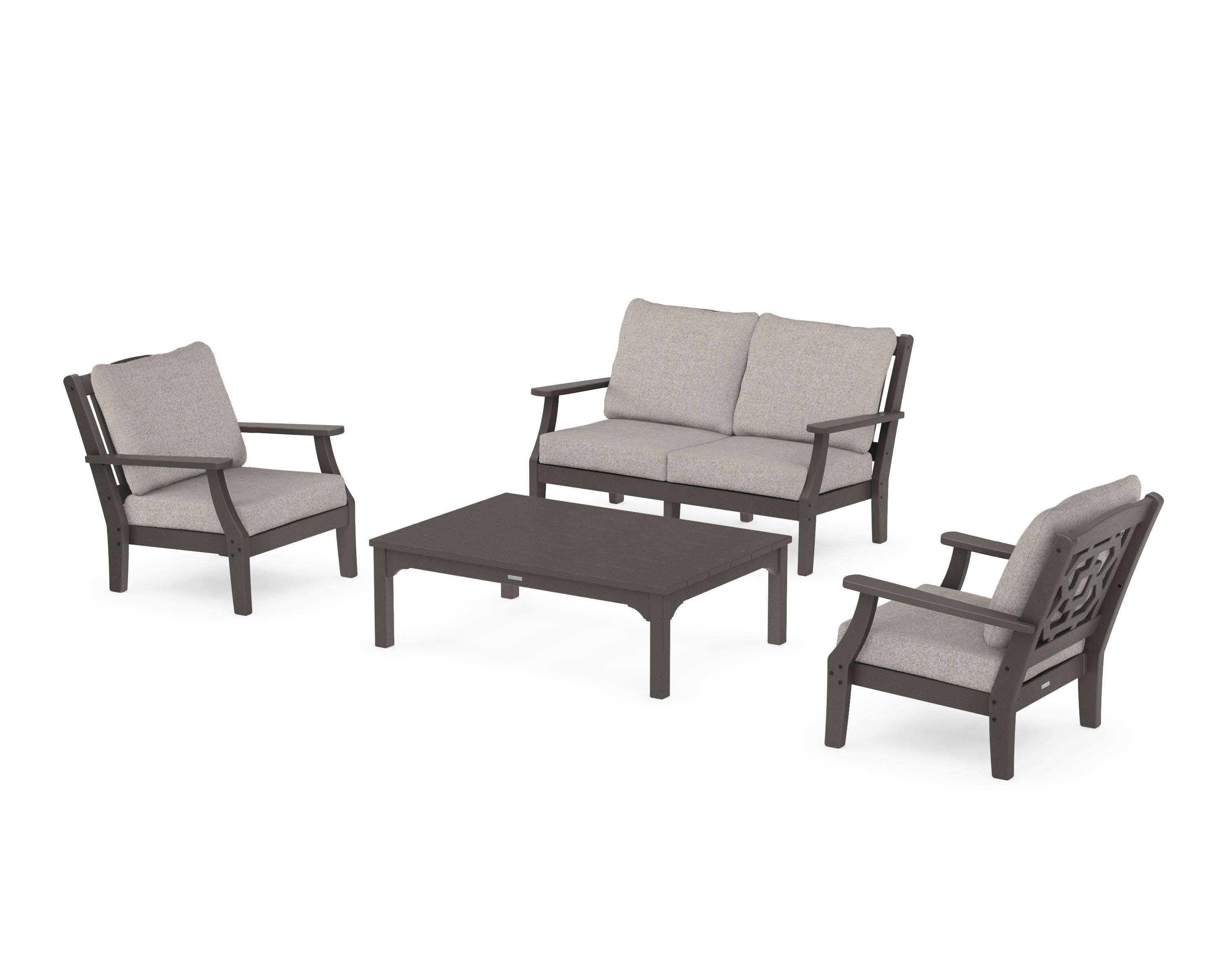 Chinoiserie 4-Piece Deep Seating Set with Loveseat in Vintage Coffee / Weathered Tweed