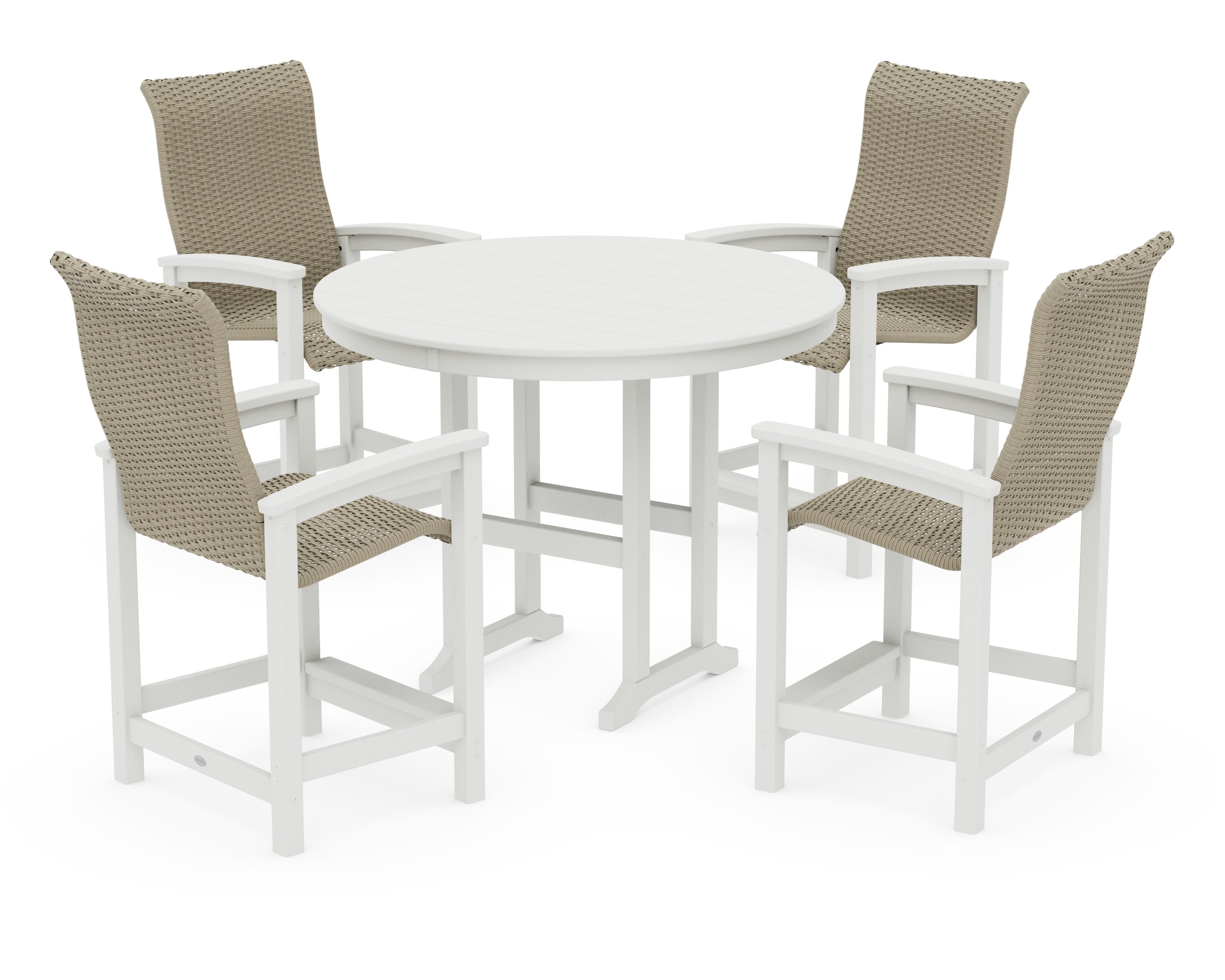 Coastal Woven High-Back 5-Piece Round Farmhouse Counter Set in Vintage White / Dune Grass