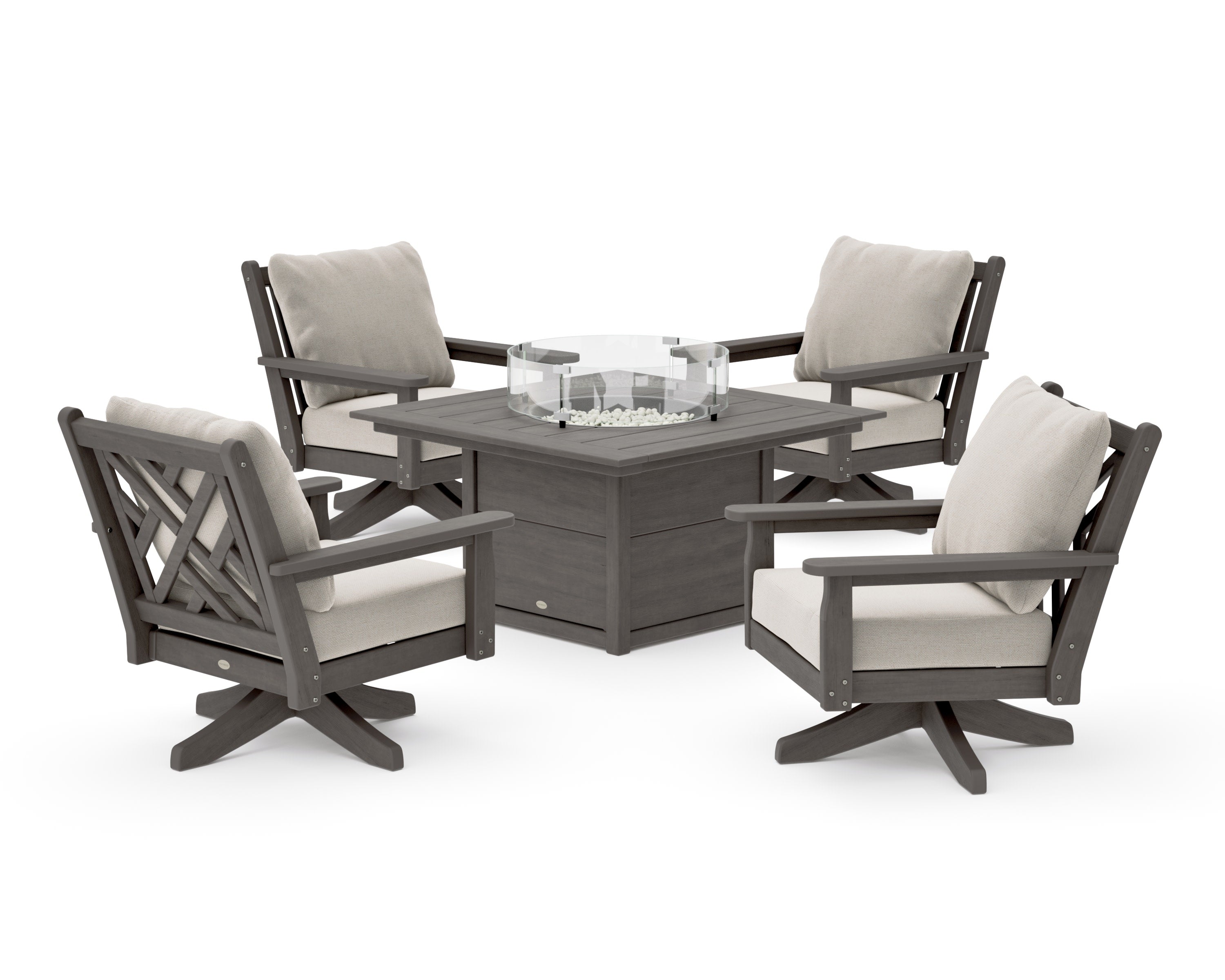 Chippendale 5-Piece Deep Seating Swivel Conversation Set with Fire Pit Table in Driftwood / Dune Burlap
