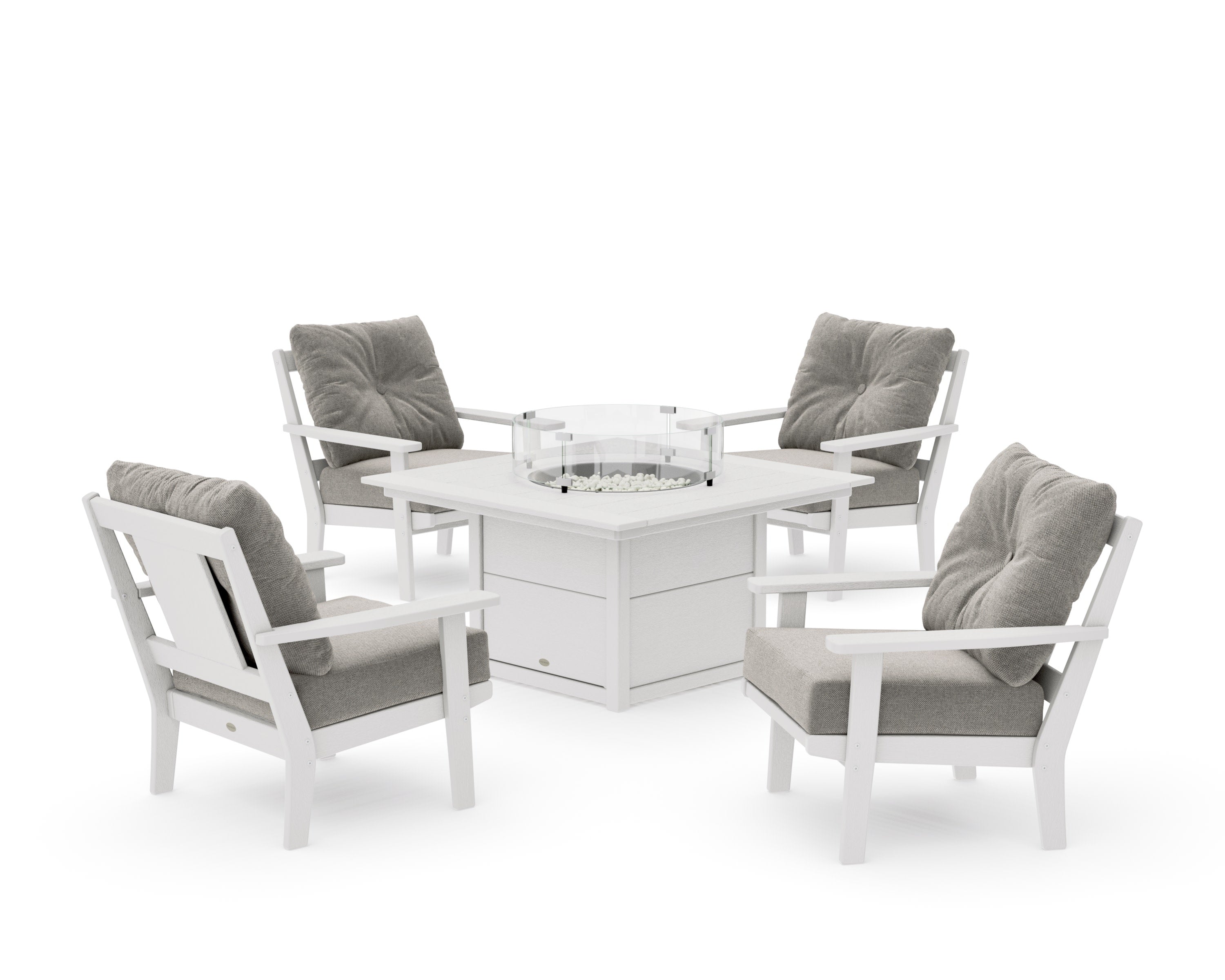 Prairie 5-Piece Deep Seating Set with Fire Pit Table in Vintage White / Weathered Tweed