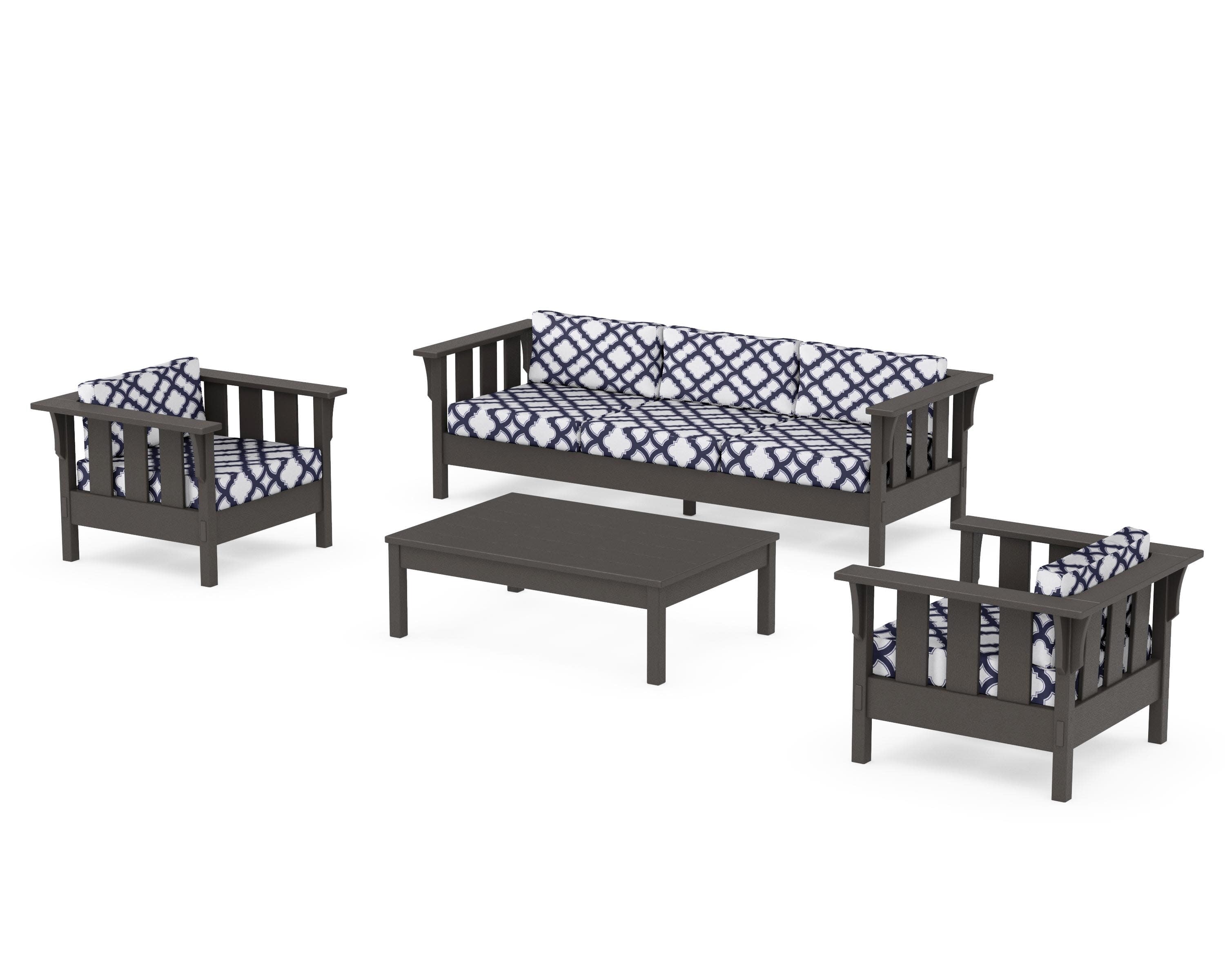 Acadia 4-Piece Deep Seating Set with Sofa in Vintage Coffee / Trellis Navy
