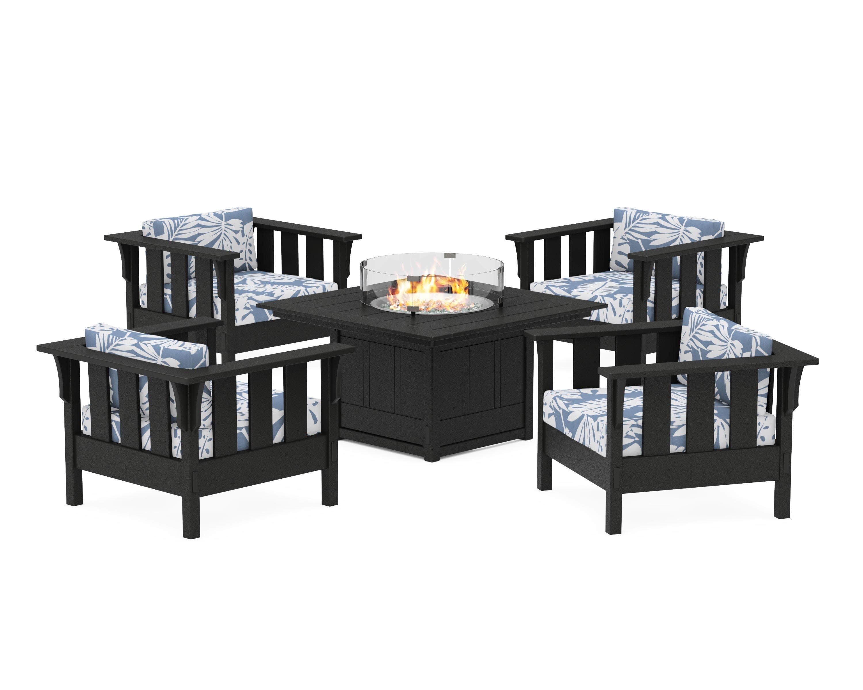 Acadia 5-Piece Deep Seating Set with Fire Pit Table in Black / Leaf Sky Blue