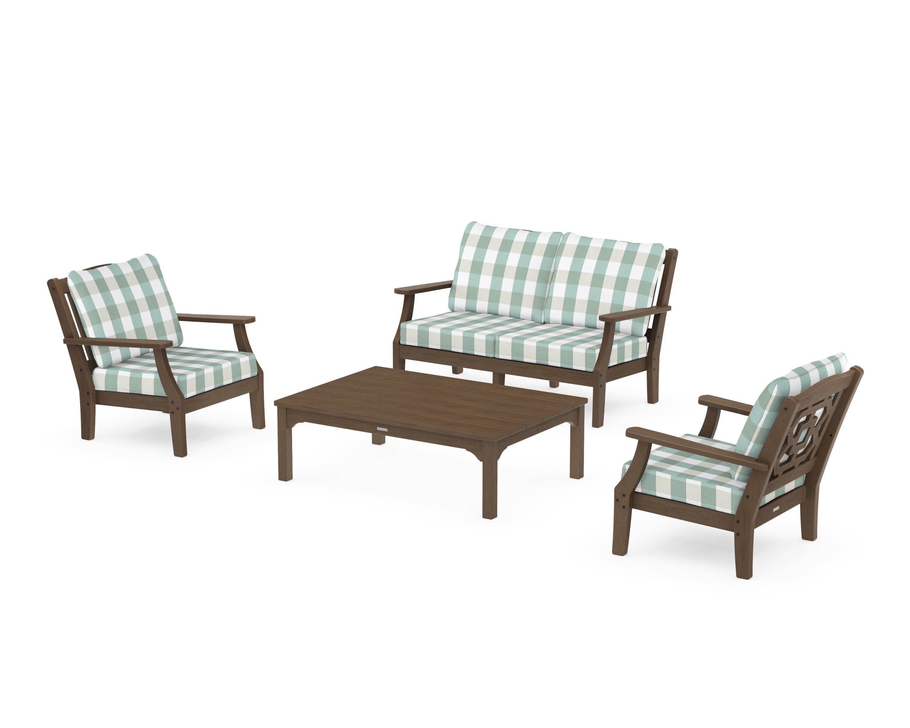 Chinoiserie 4-Piece Deep Seating Set with Loveseat in Kona / Buffalo Plaid Glacier Spa
