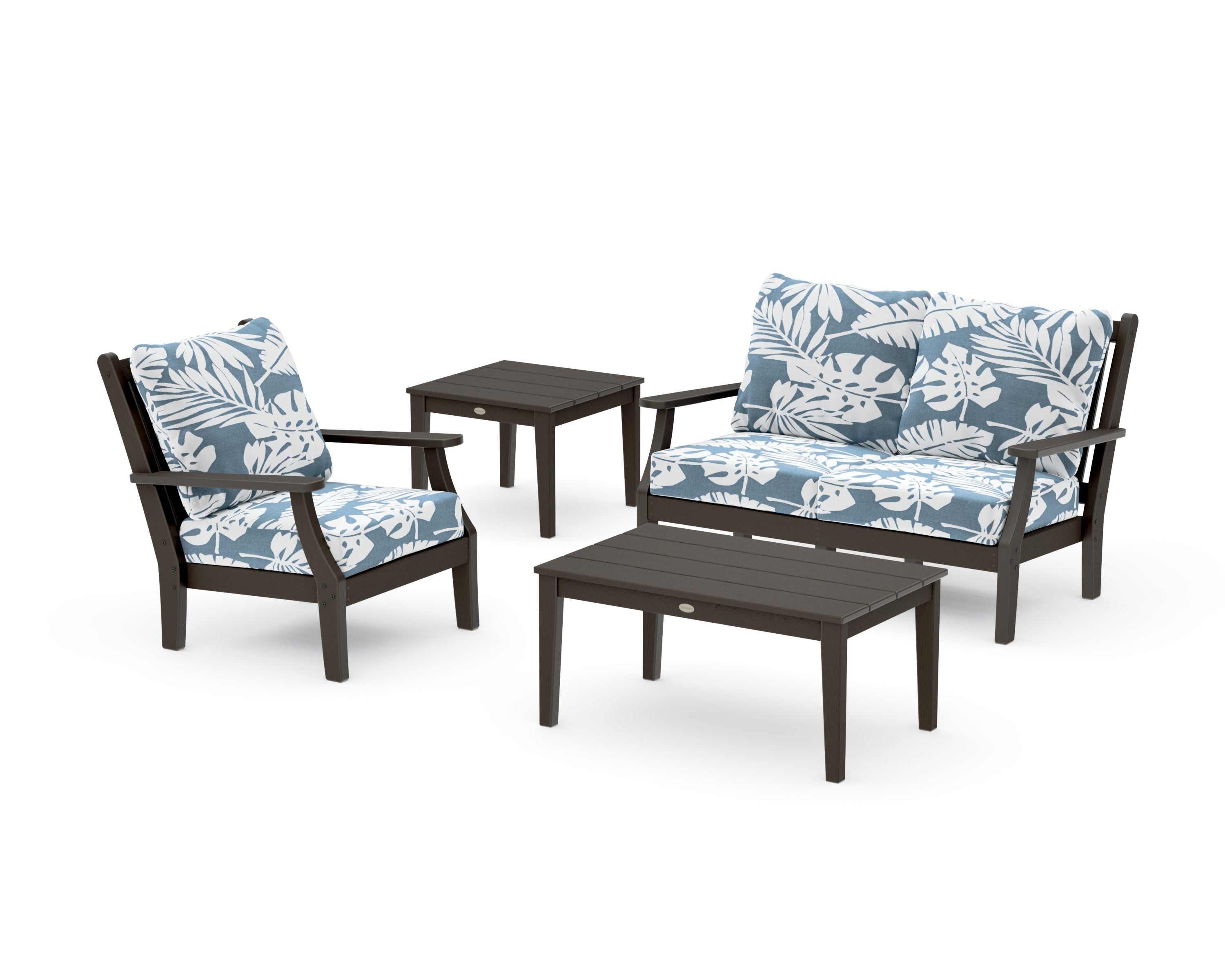 Wovendale 4-Piece Deep Seating Set in Vintage Coffee / Leaf Sky Blue