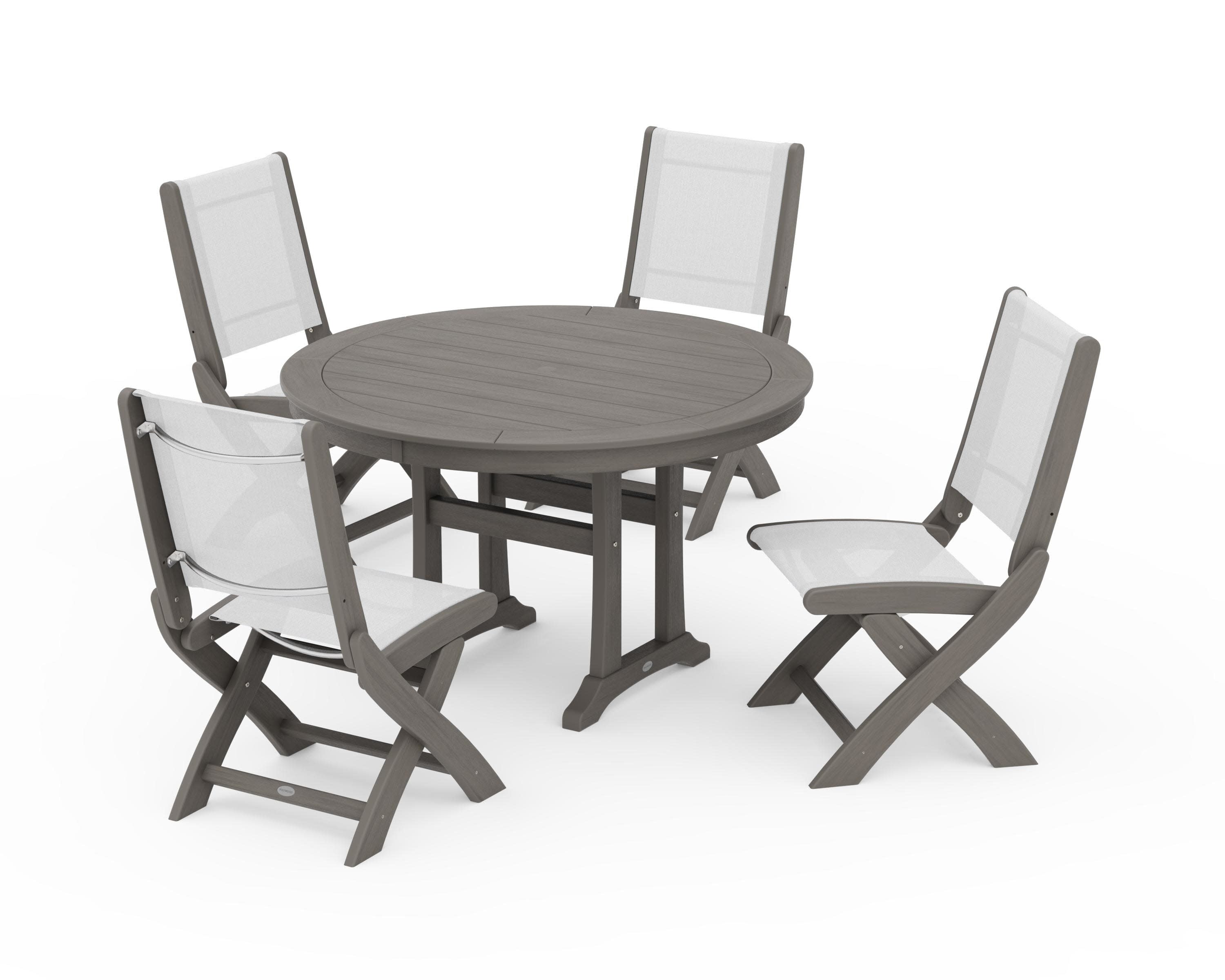 Coastal Folding Side Chair 5-Piece Round Dining Set With Trestle Legs in Driftwood / White Sling