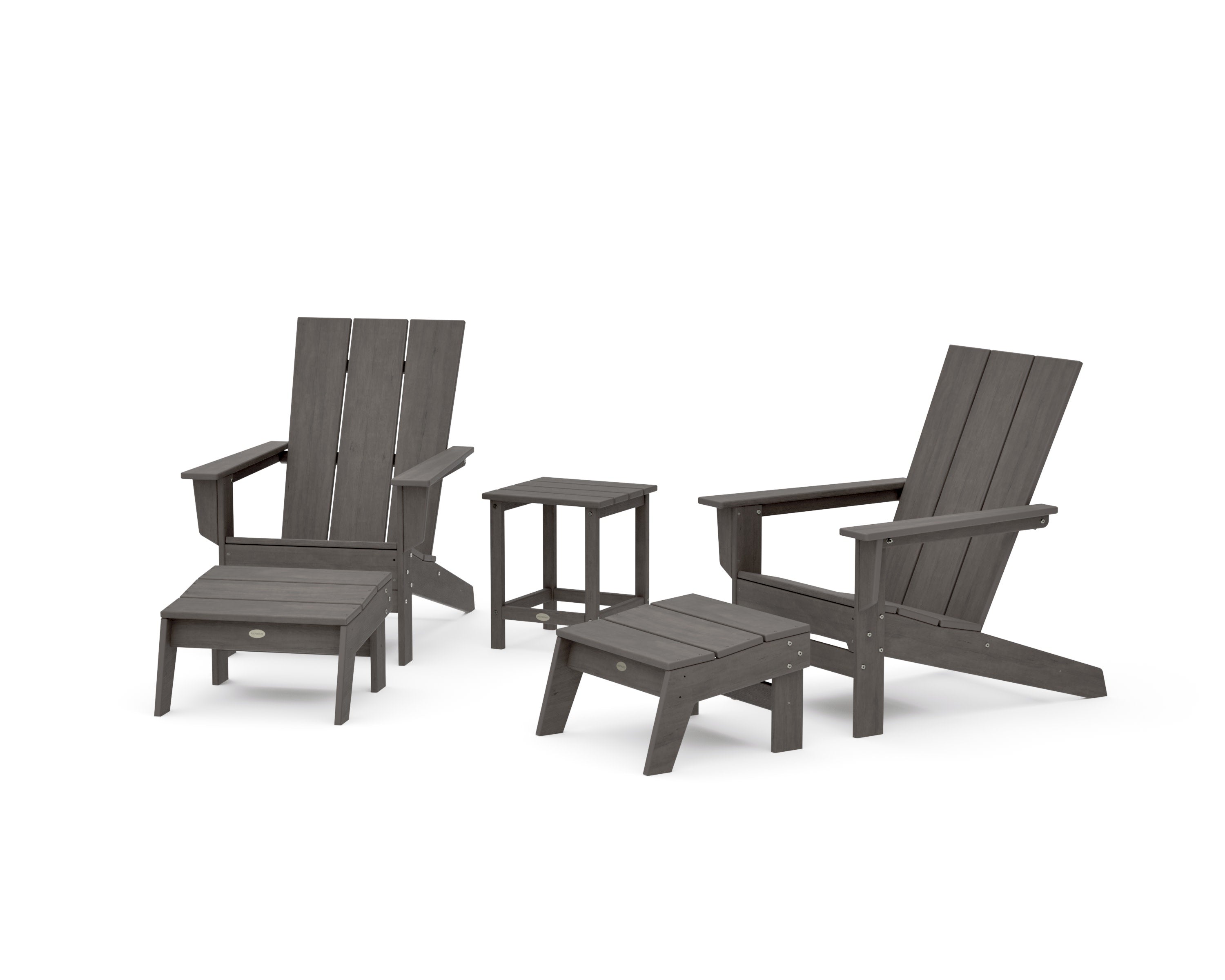 5-Piece Modern Studio Adirondack Set with Ottomans and Side Table in Driftwood