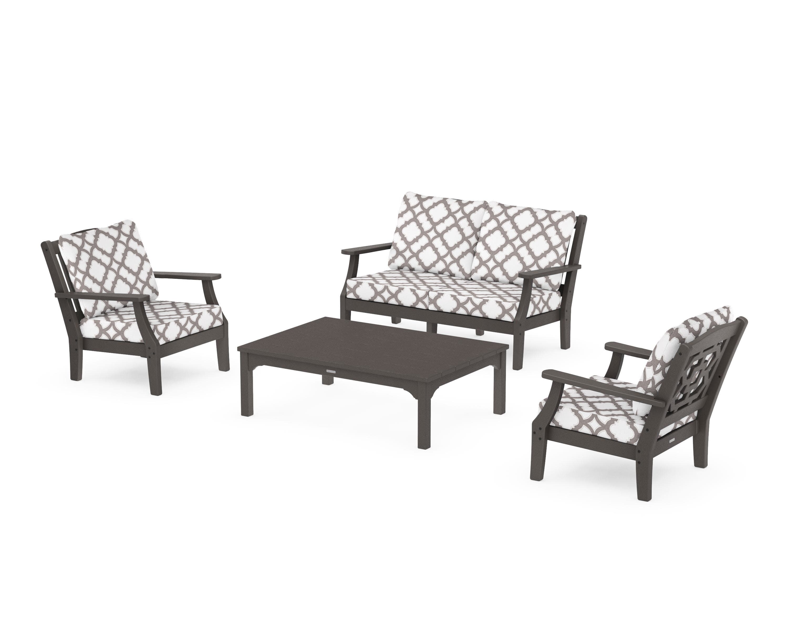 Chinoiserie 4-Piece Deep Seating Set with Loveseat in Vintage Coffee / Trellis Grey Mist