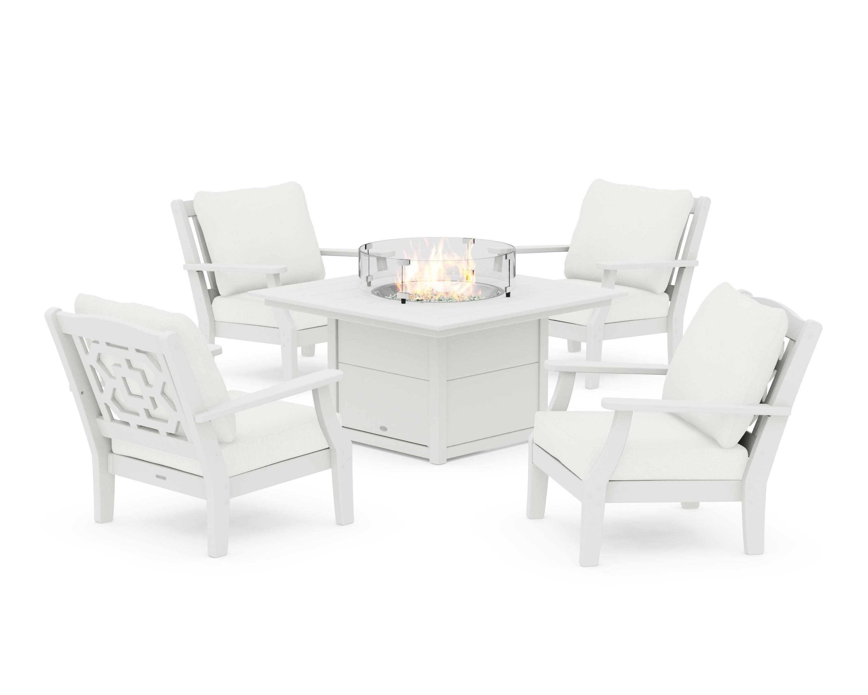 Chinoiserie 5-Piece Deep Seating Set with Fire Pit Table in Vintage White / Natural Linen