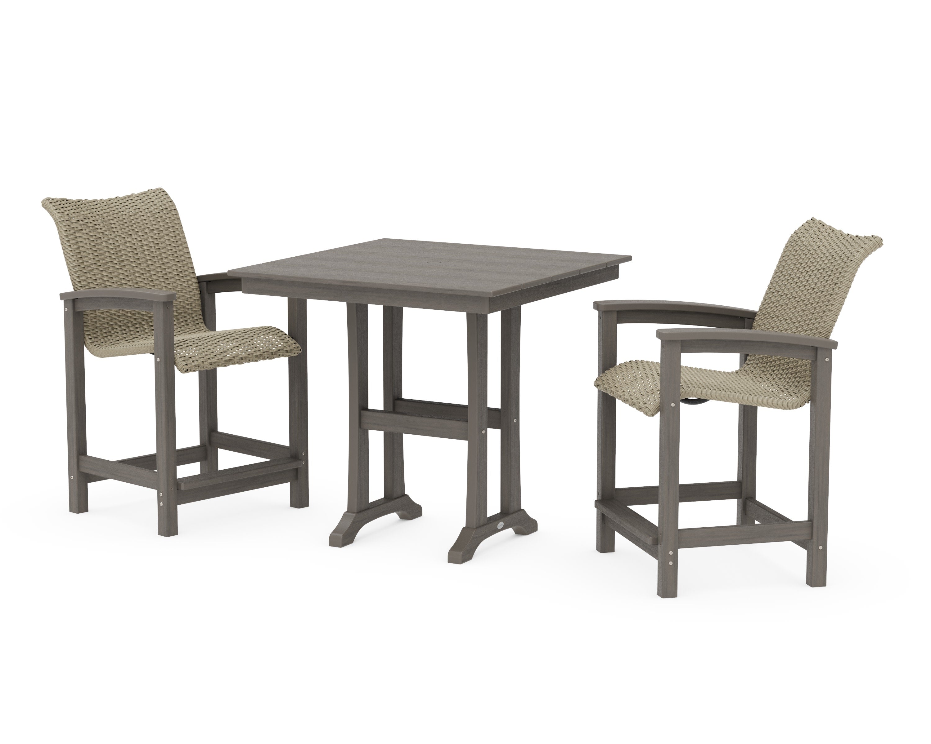 Coastal Woven 3-Piece Farmhouse Counter Set with Trestle Legs in Driftwood / Dune Grass
