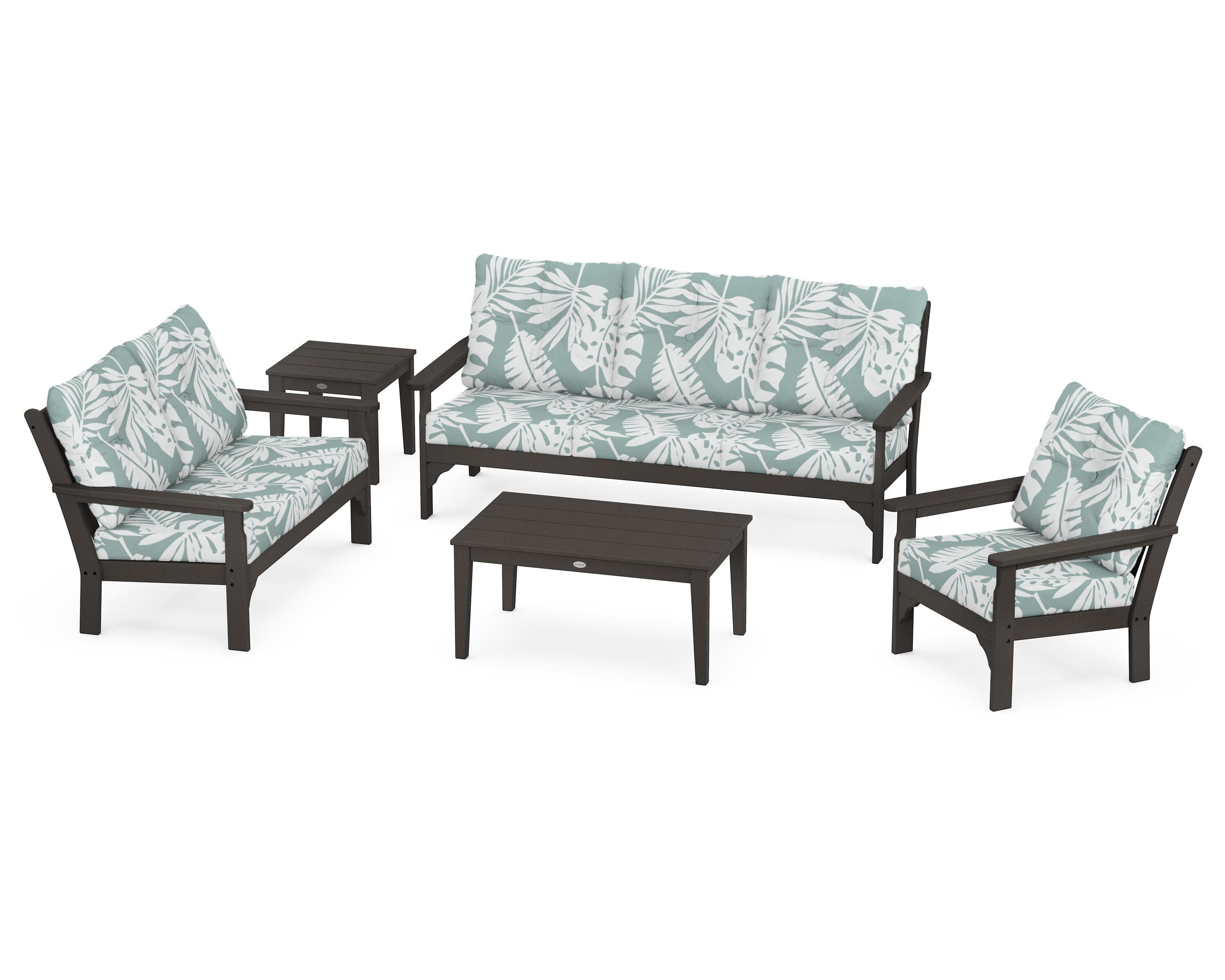 Vineyard 5 Piece Deep Seating Set in Vintage Coffee / Leaf Glacier Spa