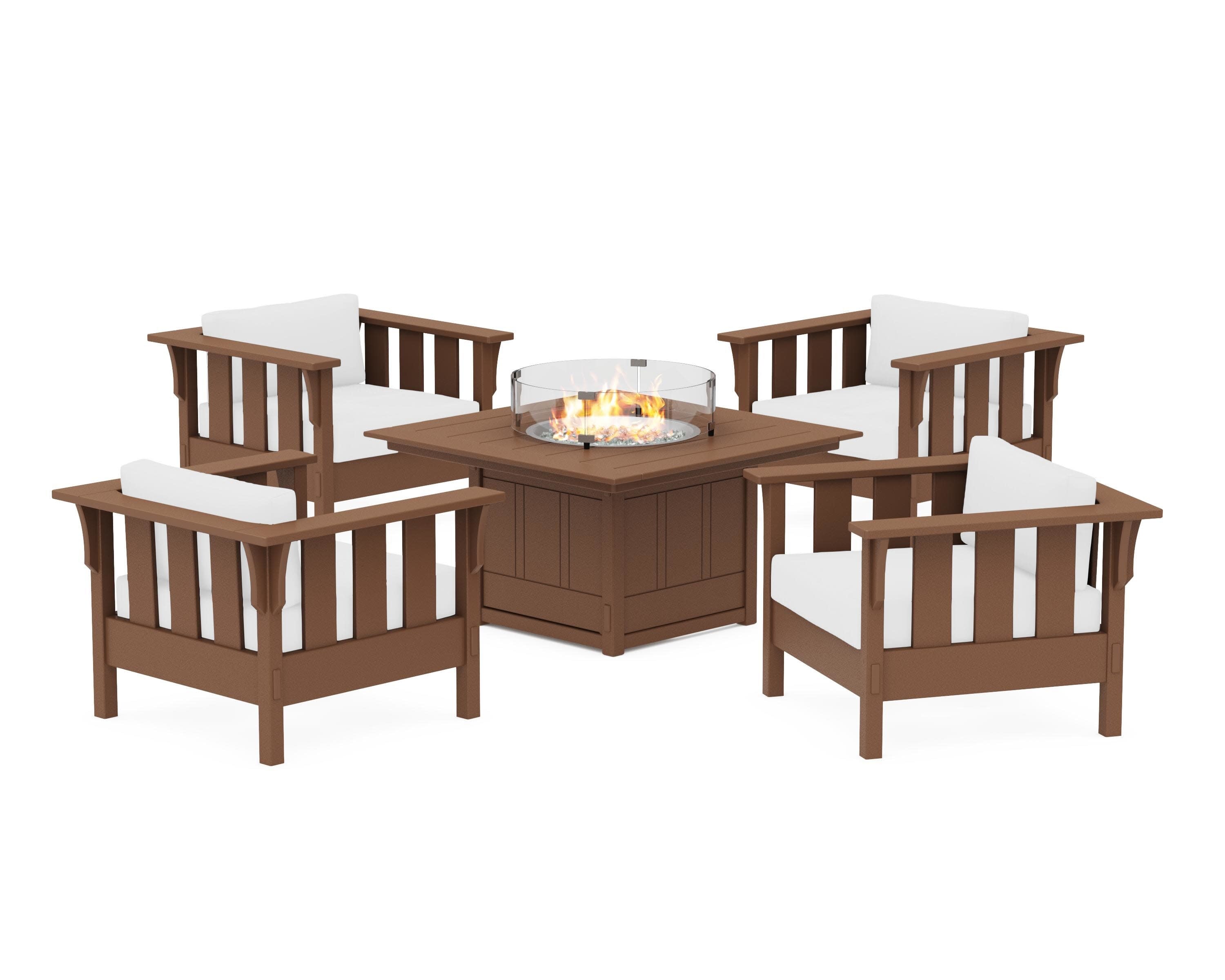 Acadia 5-Piece Deep Seating Set with Fire Pit Table in Teak / Natural