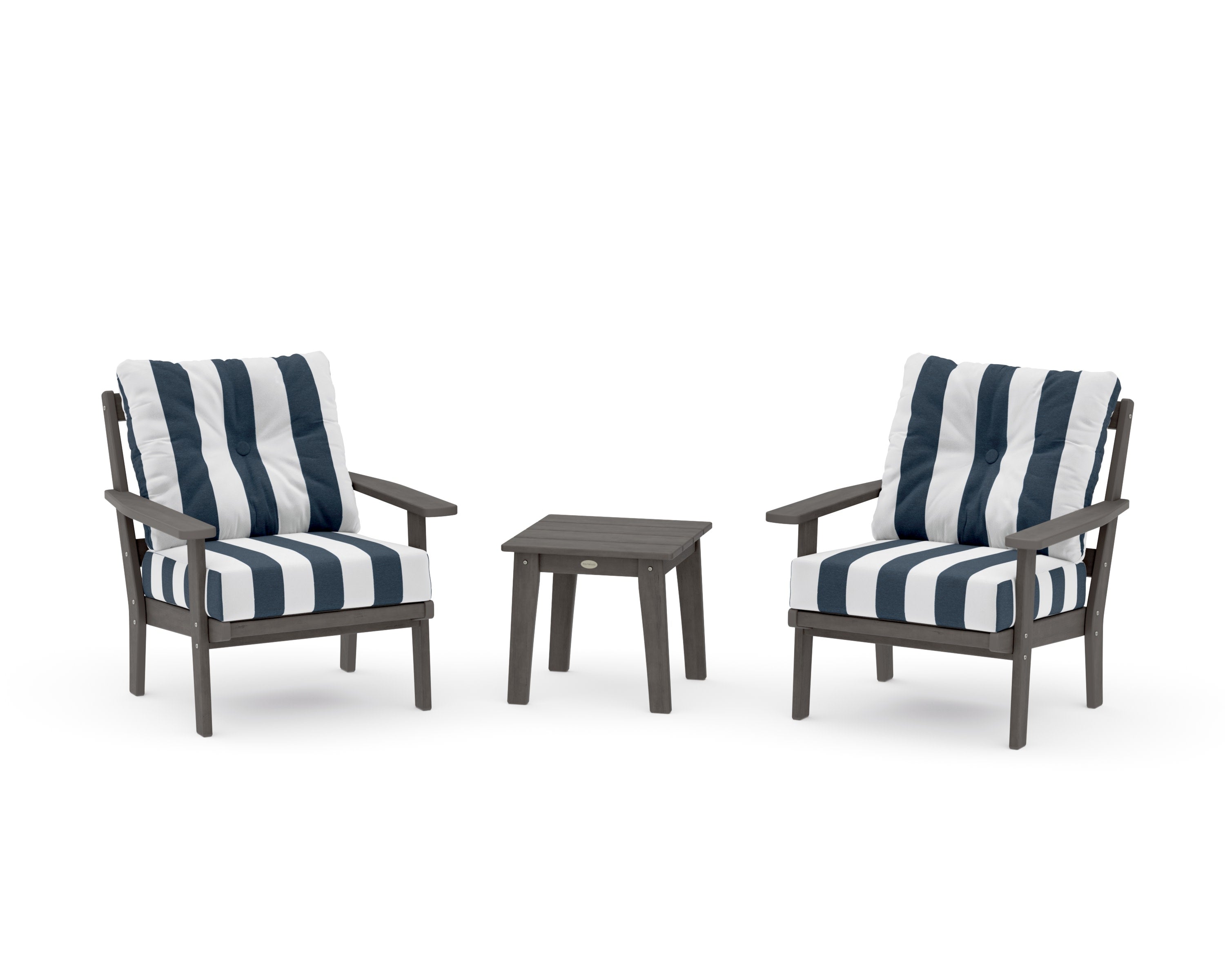 Prairie 3-Piece Deep Seating Set in Driftwood / Cabana Stripe Marine Indigo