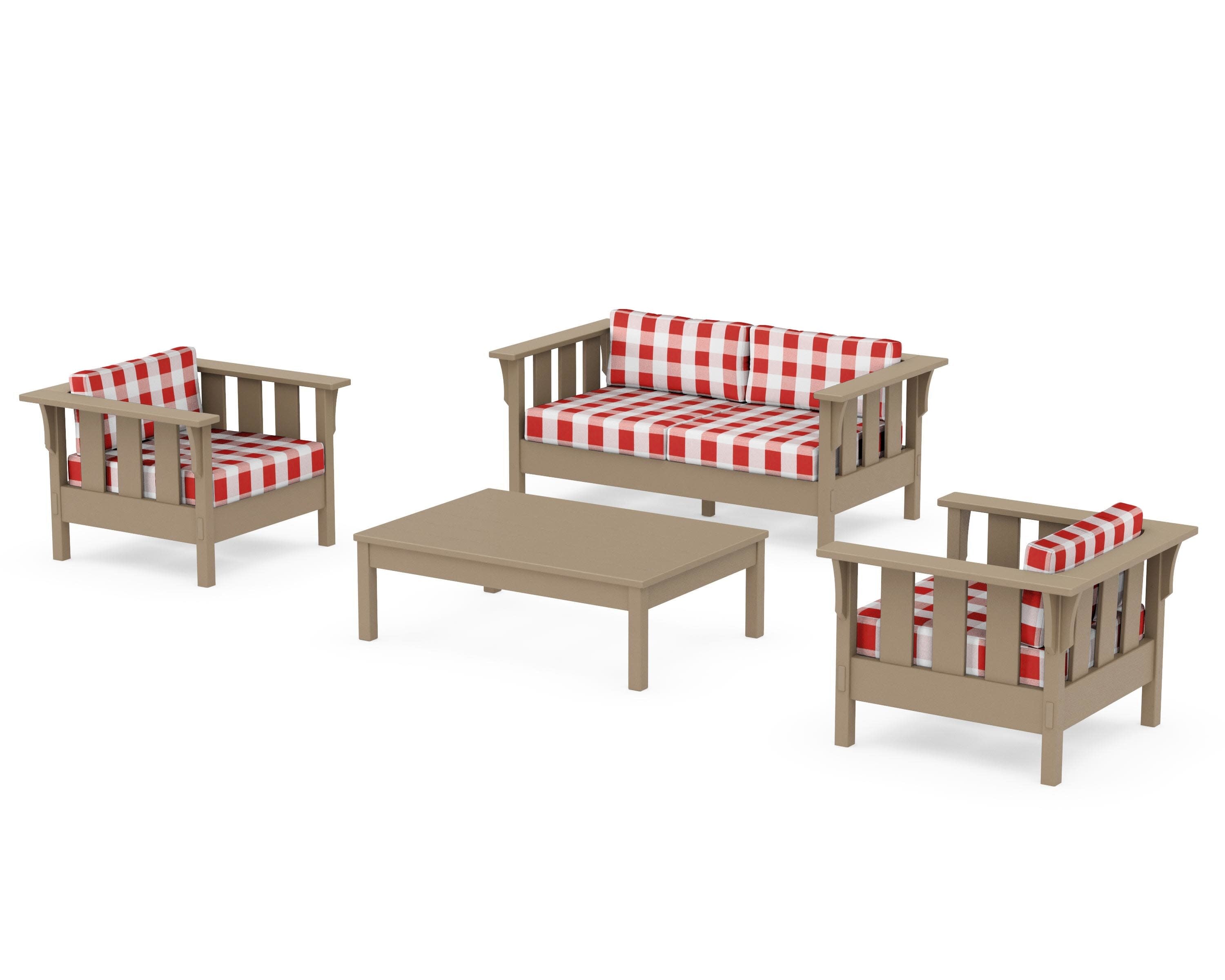 Acadia 4-Piece Deep Seating Set with Loveseat in Vintage Sahara / Buffalo Plaid Crimson