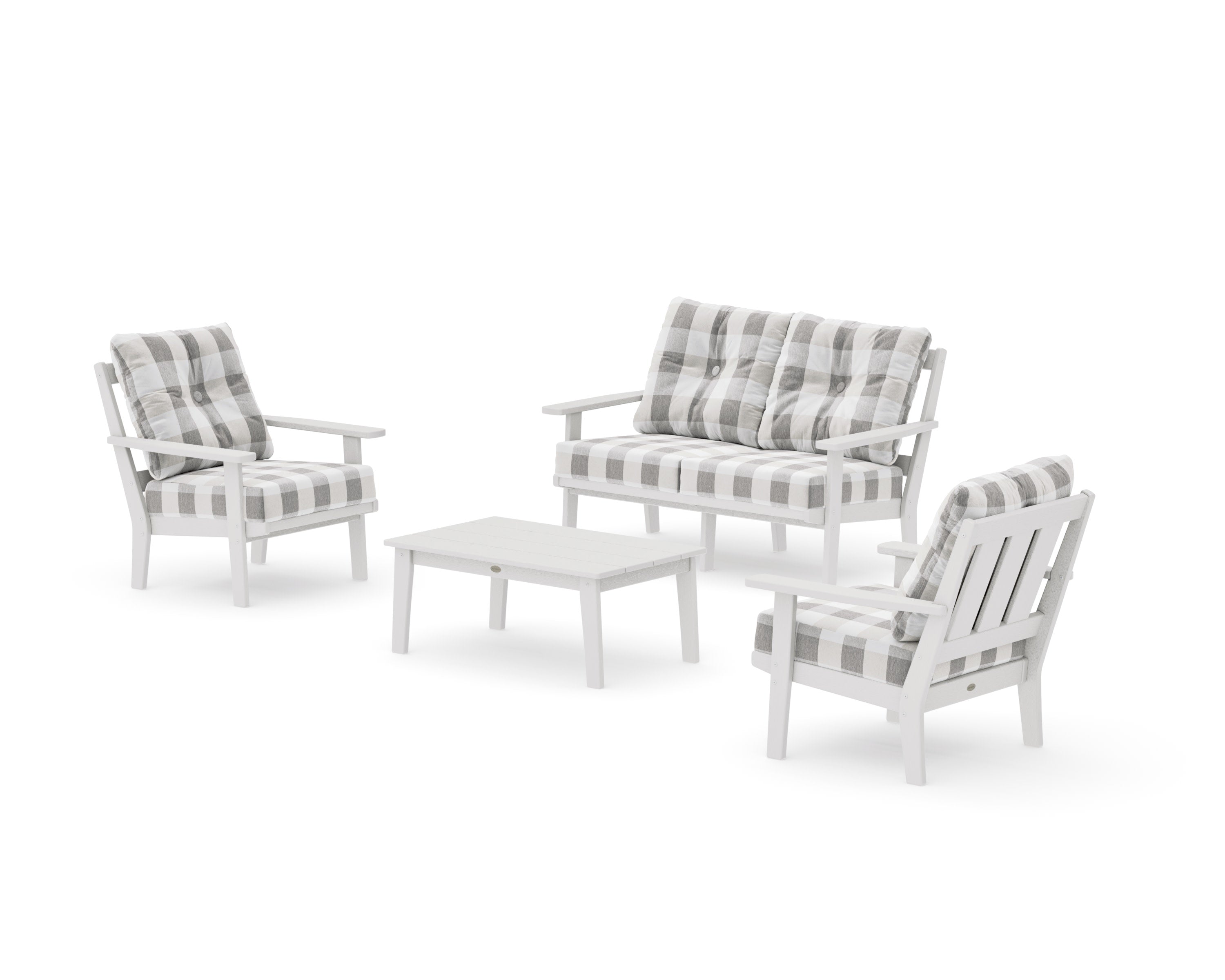 Oxford 4-Piece Deep Seating Set with Loveseat in Vintage White / Buffalo Plaid Grey Mist