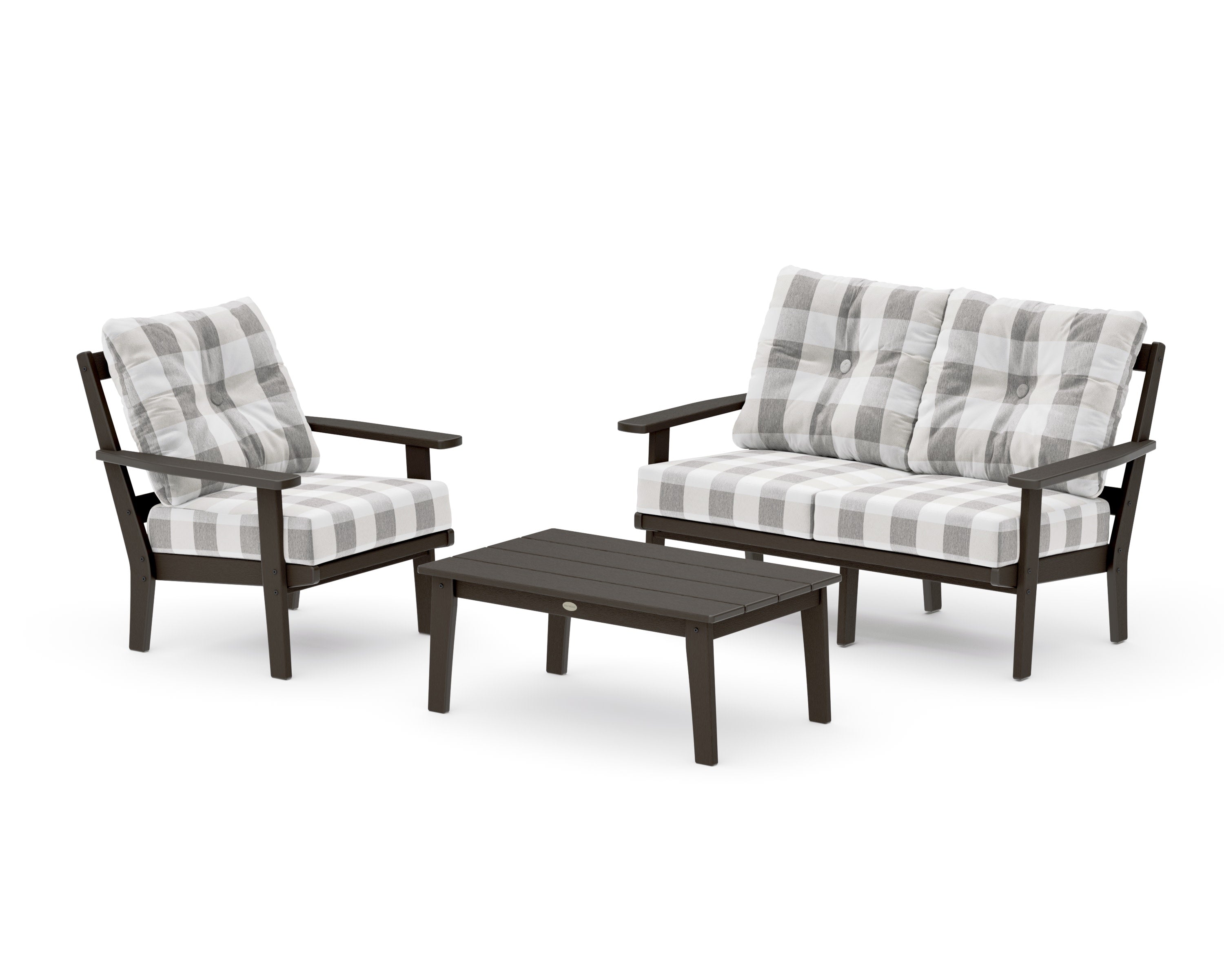 Prairie 3-Piece Deep Seating Set with Loveseat in Vintage Coffee / Buffalo Plaid Grey Mist