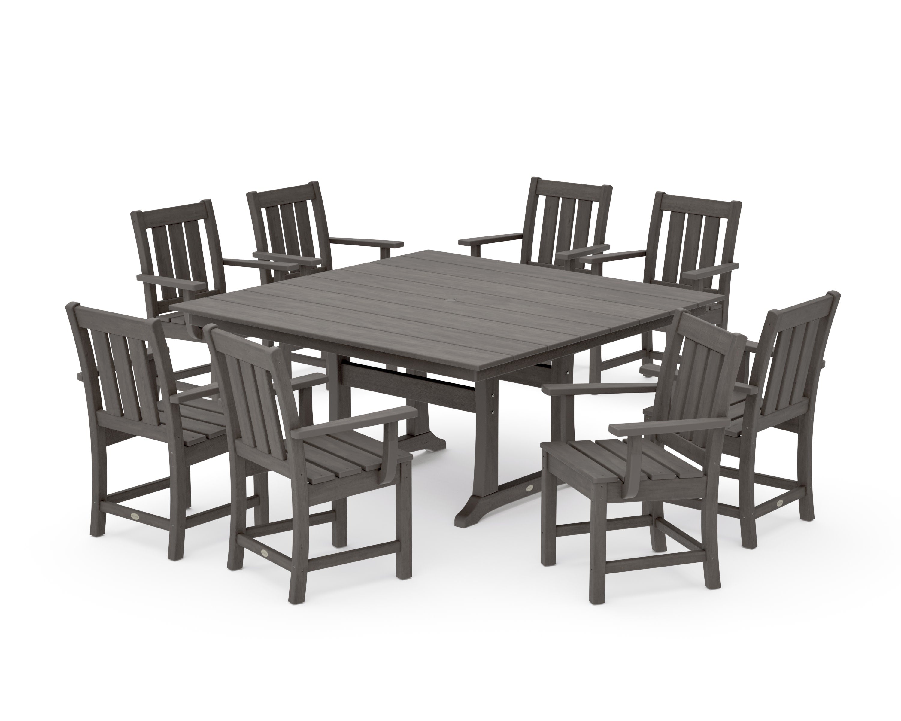 Oxford 9-Piece Square Farmhouse Dining Set with Trestle Legs in Driftwood