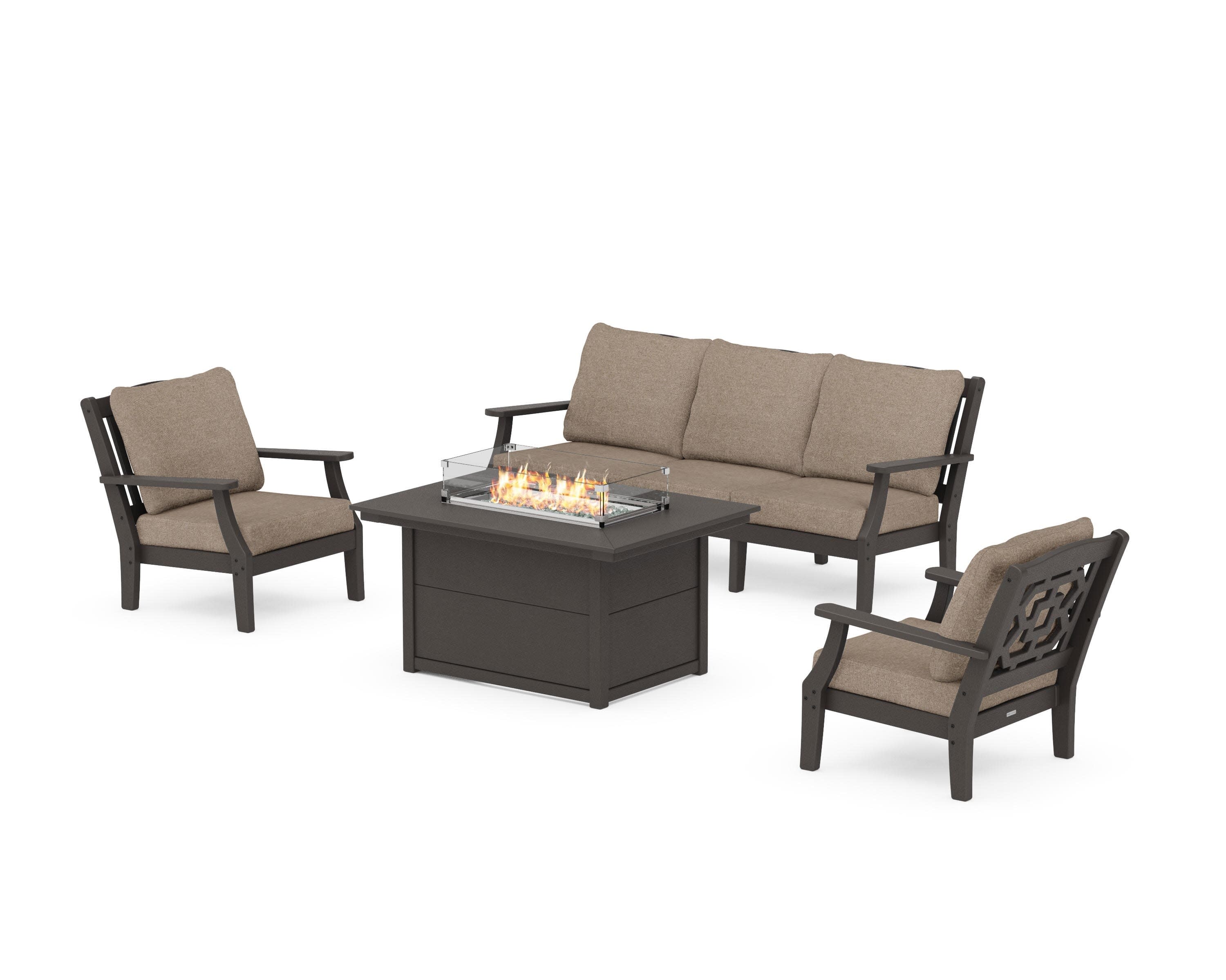 Chinoiserie Deep Seating Fire Pit Table Set in Vintage Coffee / Spiced Burlap