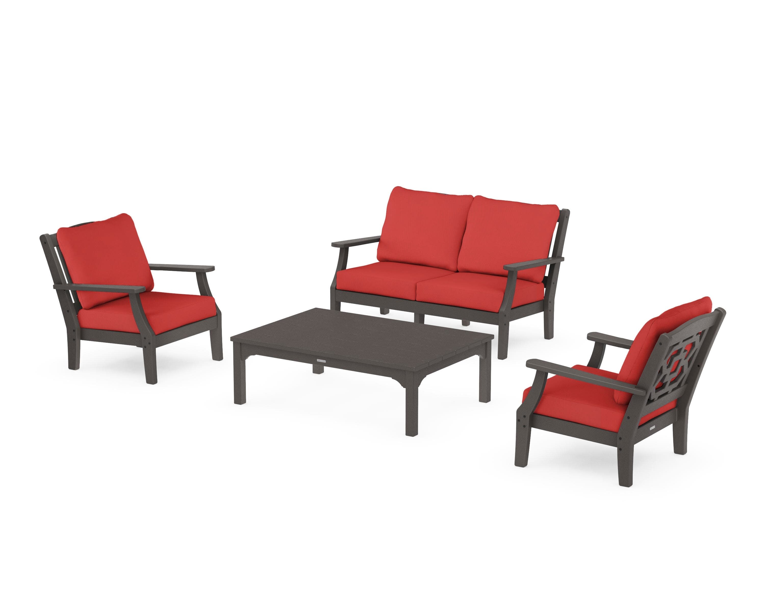 Chinoiserie 4-Piece Deep Seating Set with Loveseat in Vintage Coffee / Crimson Linen