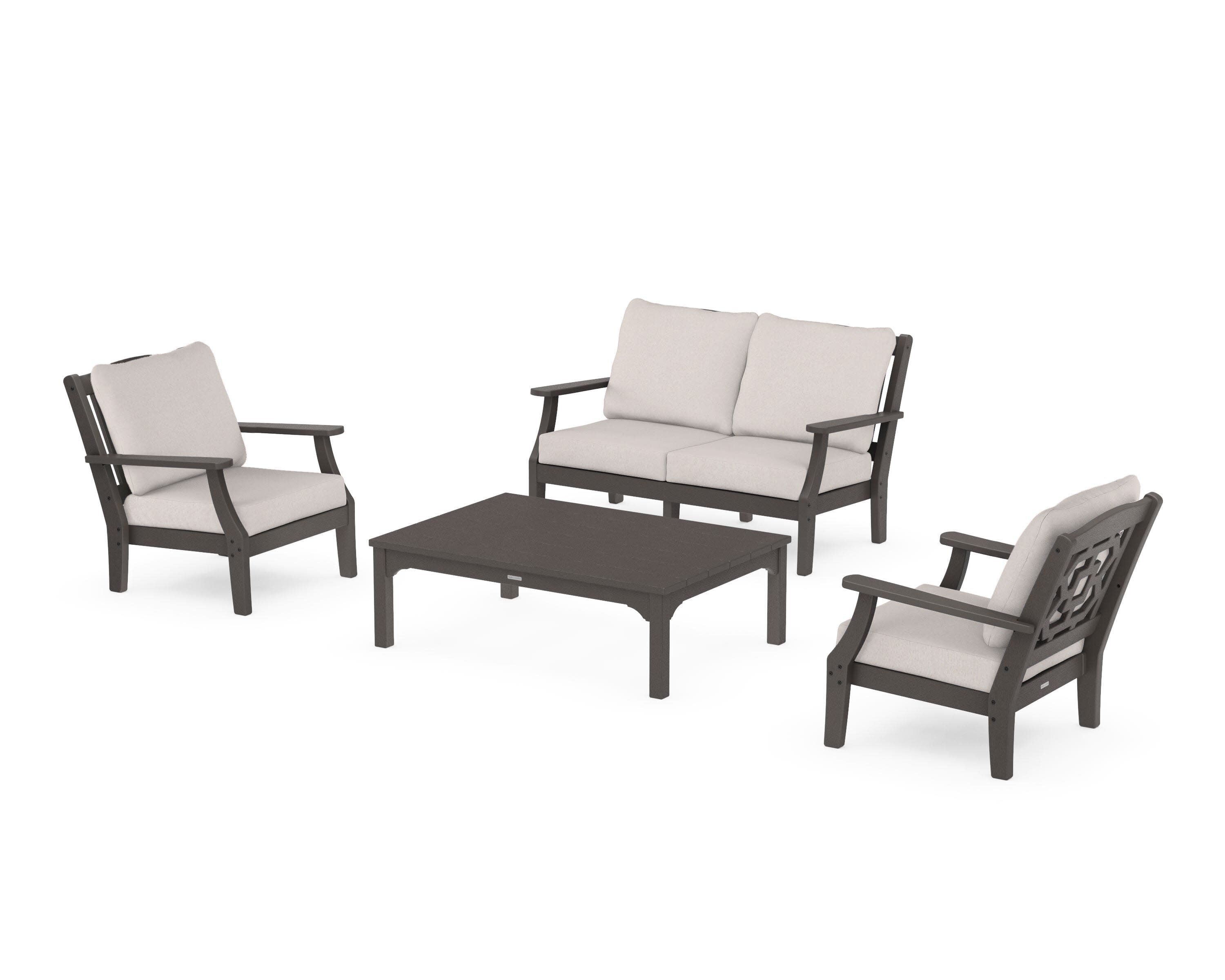 Chinoiserie 4-Piece Deep Seating Set with Loveseat in Vintage Coffee / Dune Burlap