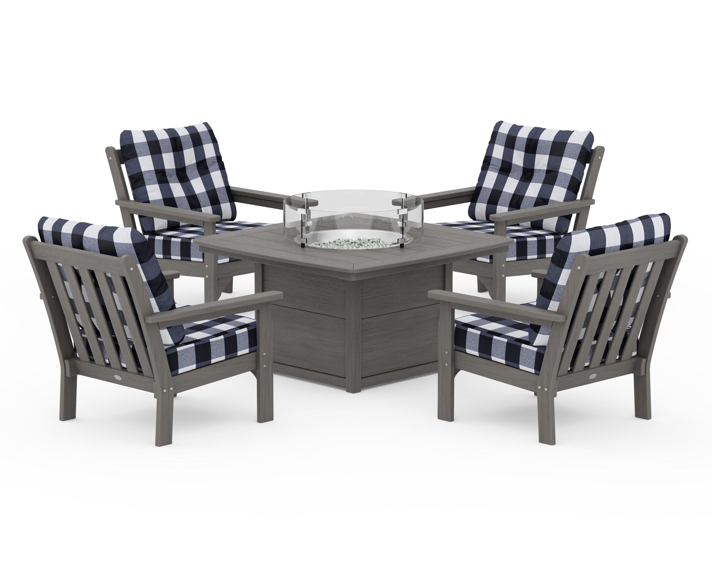 Vineyard 5-Piece Conversation Set with Fire Pit Table in Driftwood / Buffalo Plaid Marine Indigo