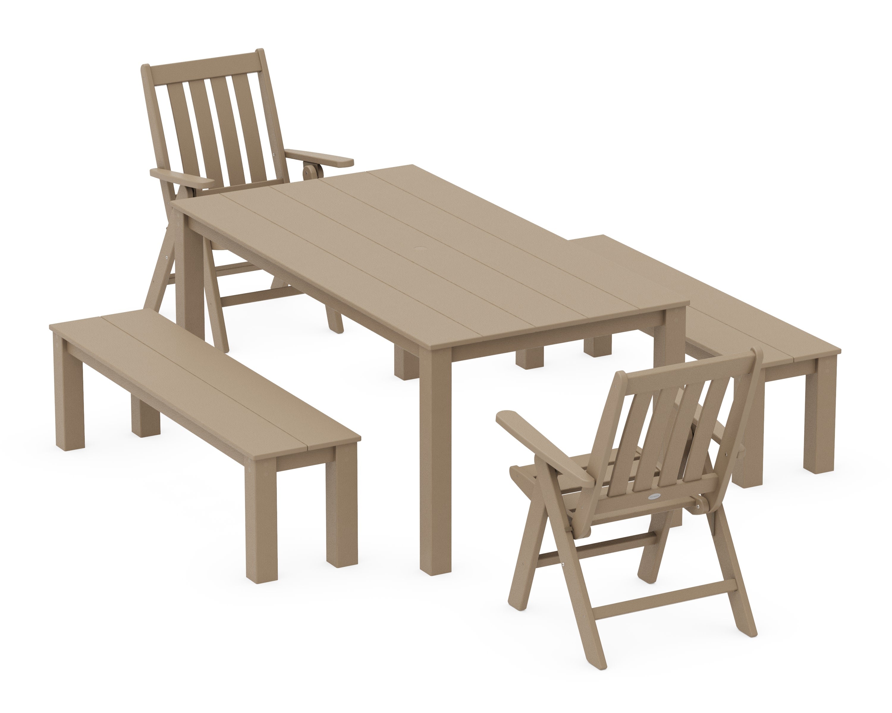 Vineyard Folding Chair 5-Piece Parsons Dining Set with Benches in Vintage Sahara