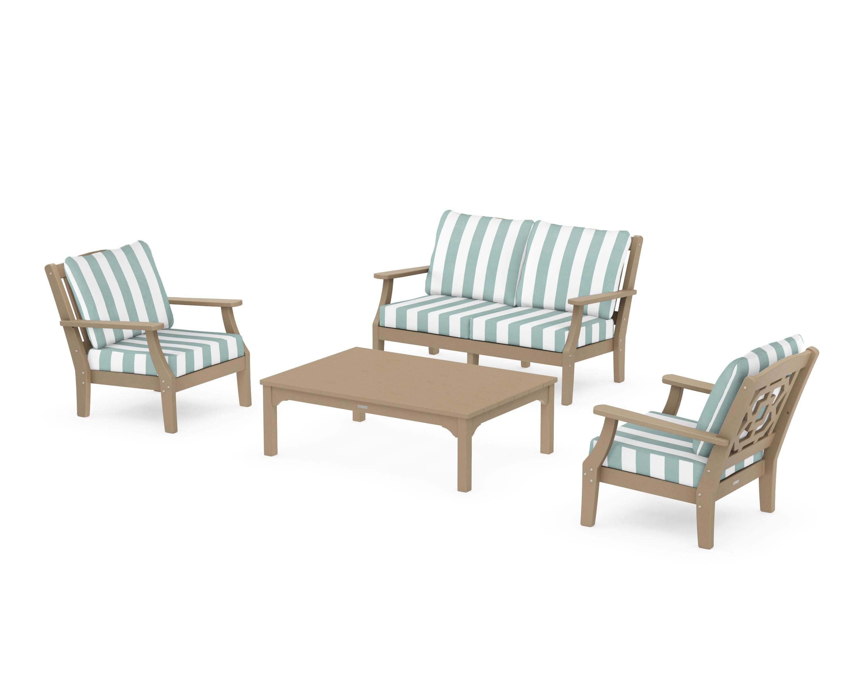 Chinoiserie 4-Piece Deep Seating Set with Loveseat in Vintage Sahara / Cabana Stripe Glacier Spa