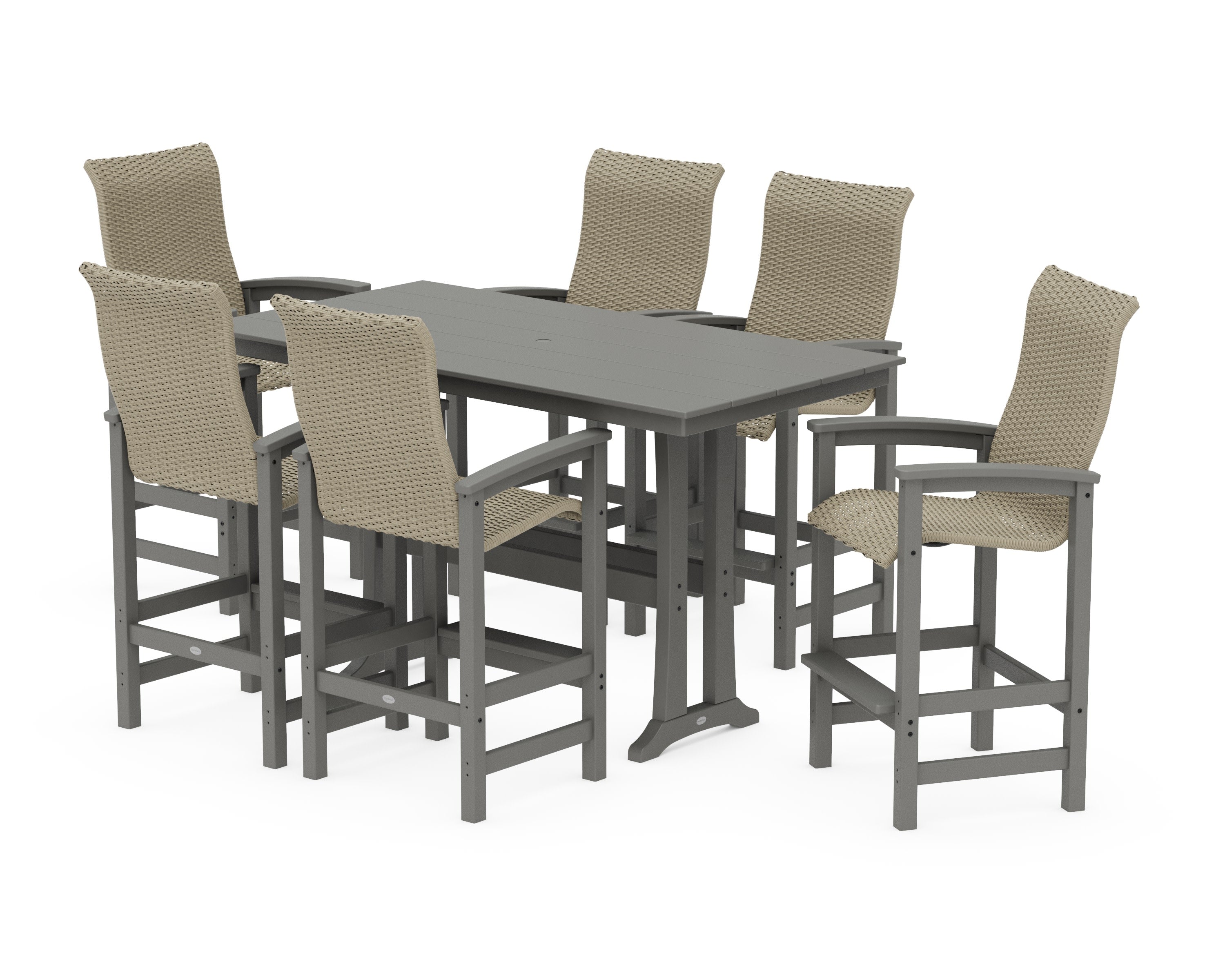 Coastal Woven High-Back Arm Chair 7-Piece Farmhouse Bar Set with Trestle Legs in Slate Grey / Dune Grass
